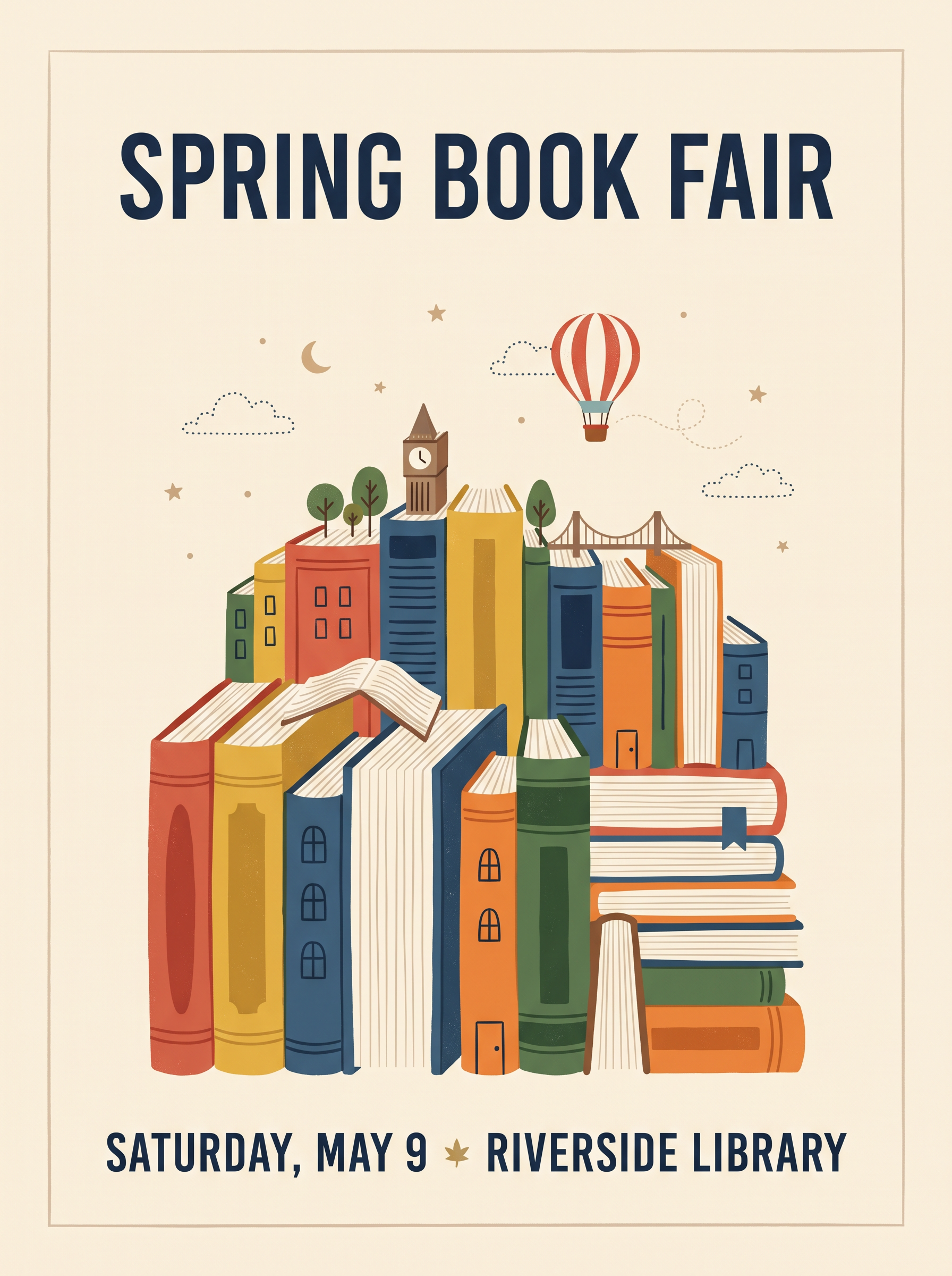 Nano Banana 2.1: stacked books turn into a small town with a clock tower, a framed cream poster with a star between date and place