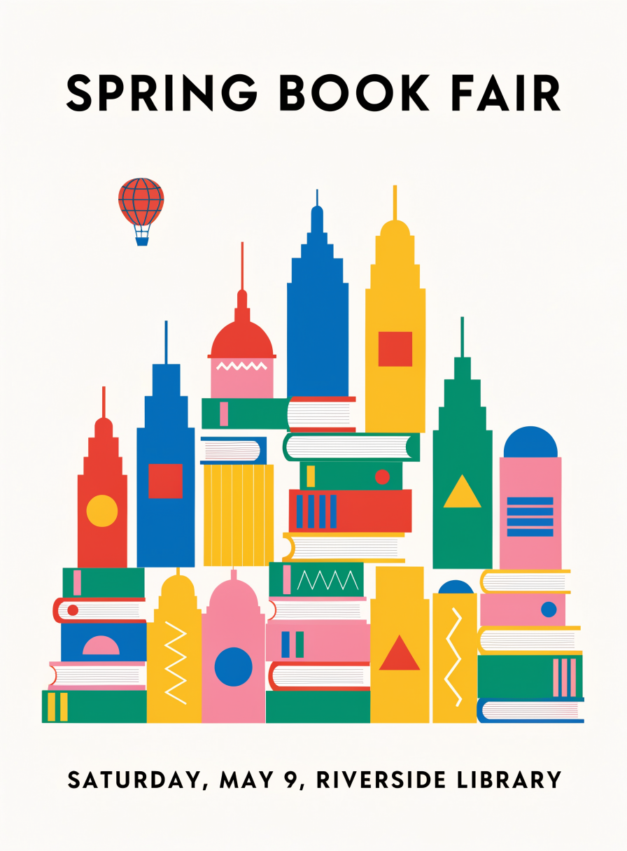 Recraft V4.1: bold red, blue, yellow and green blocks stack into towers on top of books, flat and graphic
