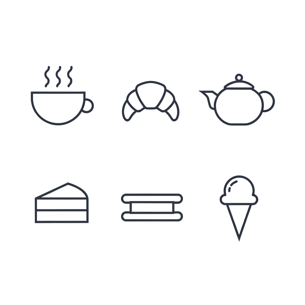 Six navy line icons in a grid: a steaming cup, a croissant, a teapot, a cake slice, a sandwich and an ice cream cone