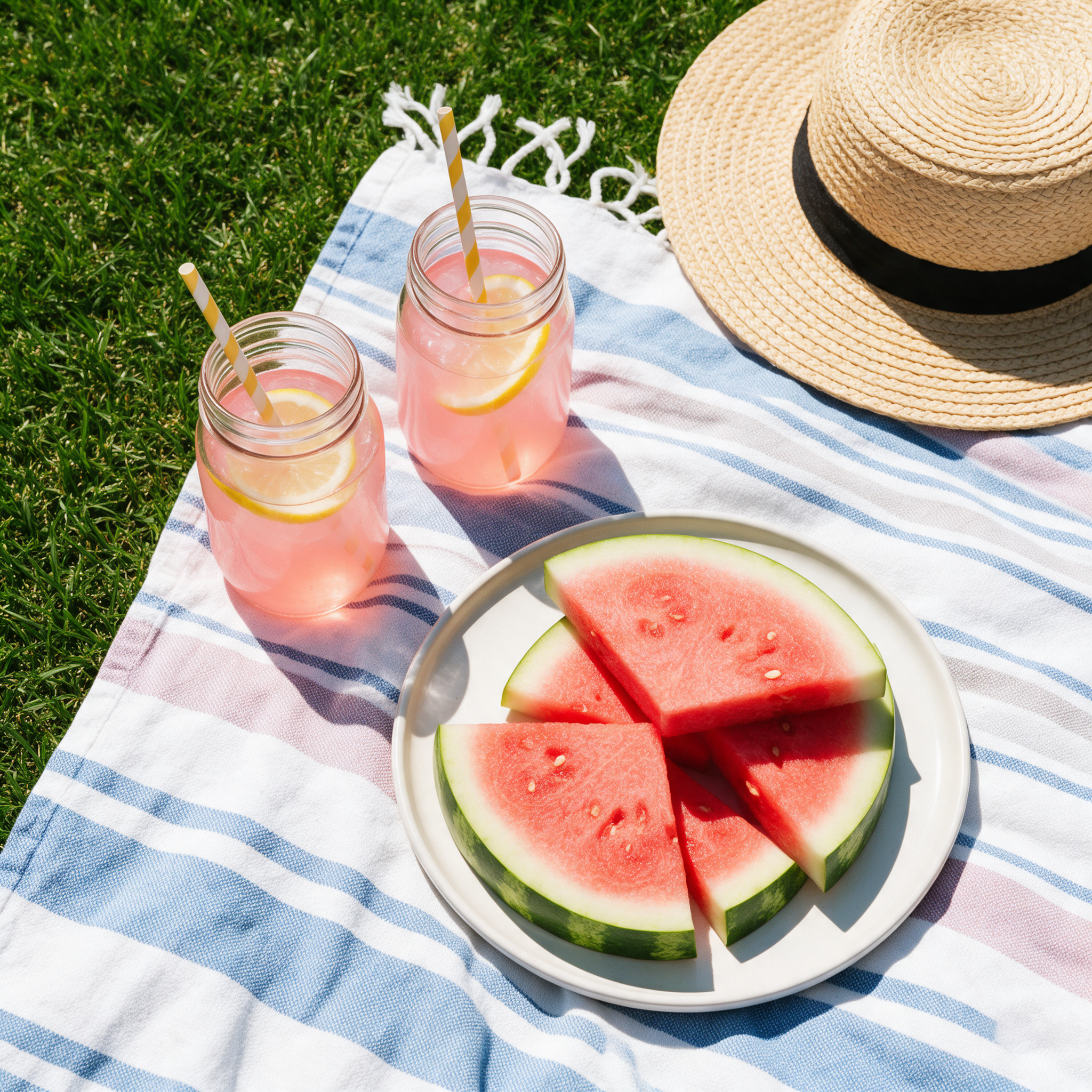 Top down photo of watermelon slices on a plate, two jars of pink lemonade and a straw hat on a striped blanket on grass