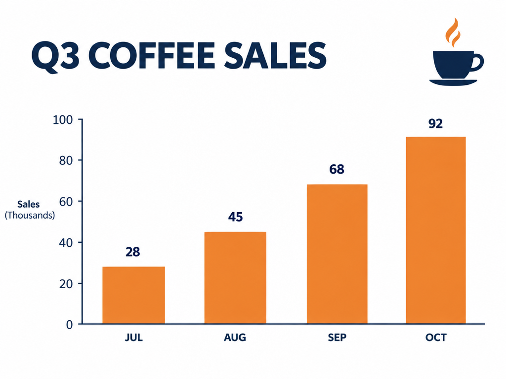 A presentation slide titled Q3 COFFEE SALES with four orange bars for July to October rising left to right and a coffee cup icon