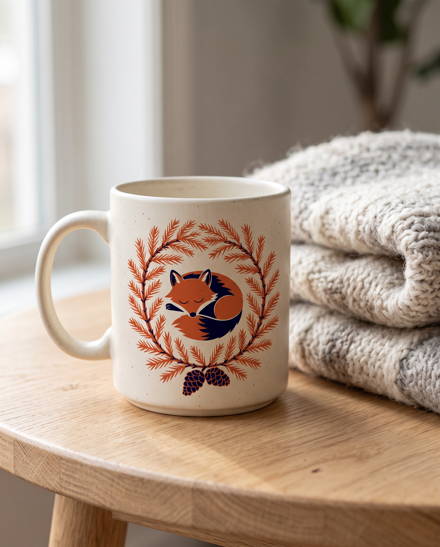 A cream ceramic mug printed with the fox wreath on an oak table beside a folded wool blanket
