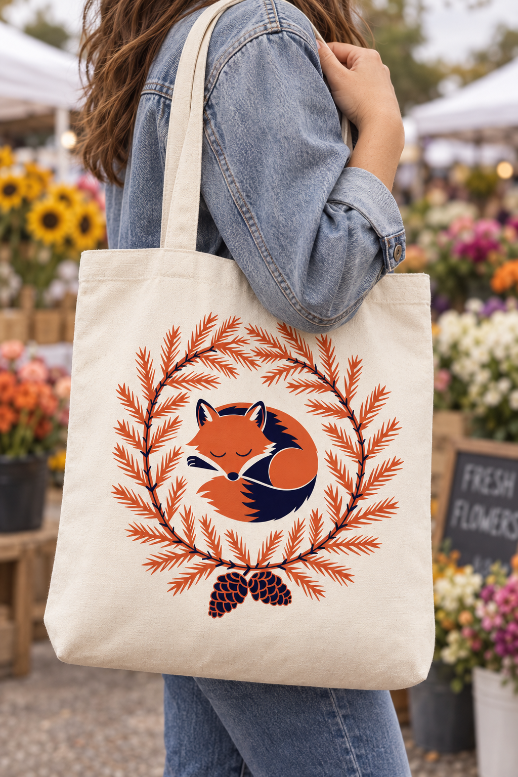 A natural canvas tote printed with the fox wreath, carried on the shoulder of a person in a denim jacket at a flower market