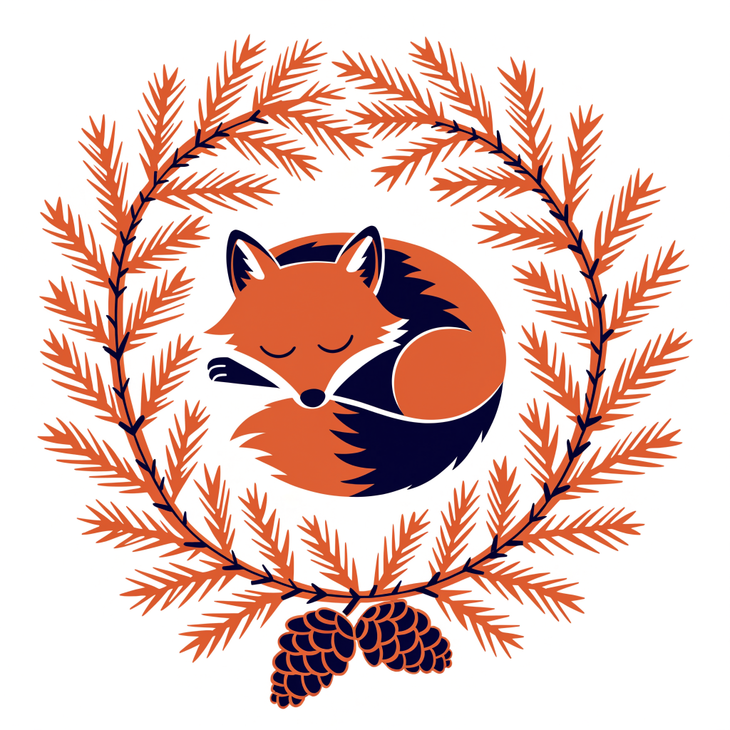 The source design: an orange and navy fox curled asleep inside a ring of pine branches with two pine cones