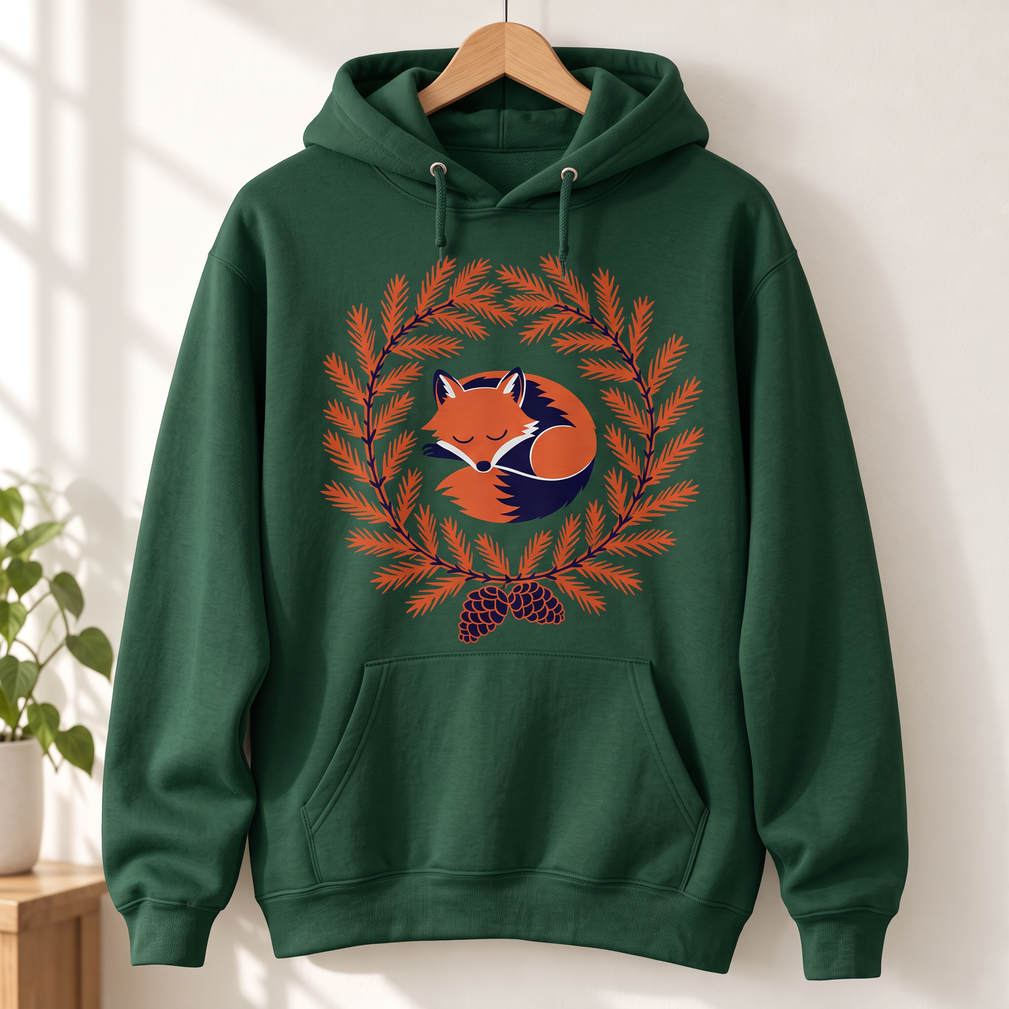 The same hoodie and fox print recolored deep forest green on the same hanger