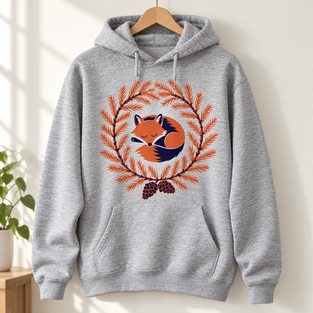 GPT Image 2.5: the fox wreath printed large on a heather grey hoodie on a wooden hanger against a white wall