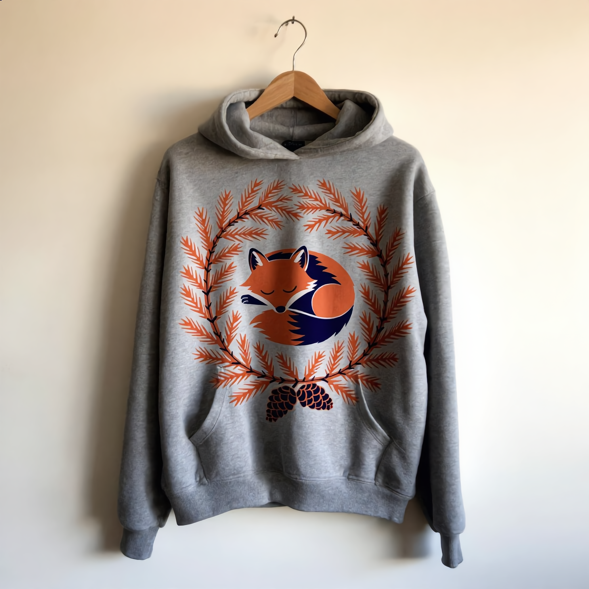 Kling Image Edit: the fox wreath on a darker grey hoodie lit by warm side light