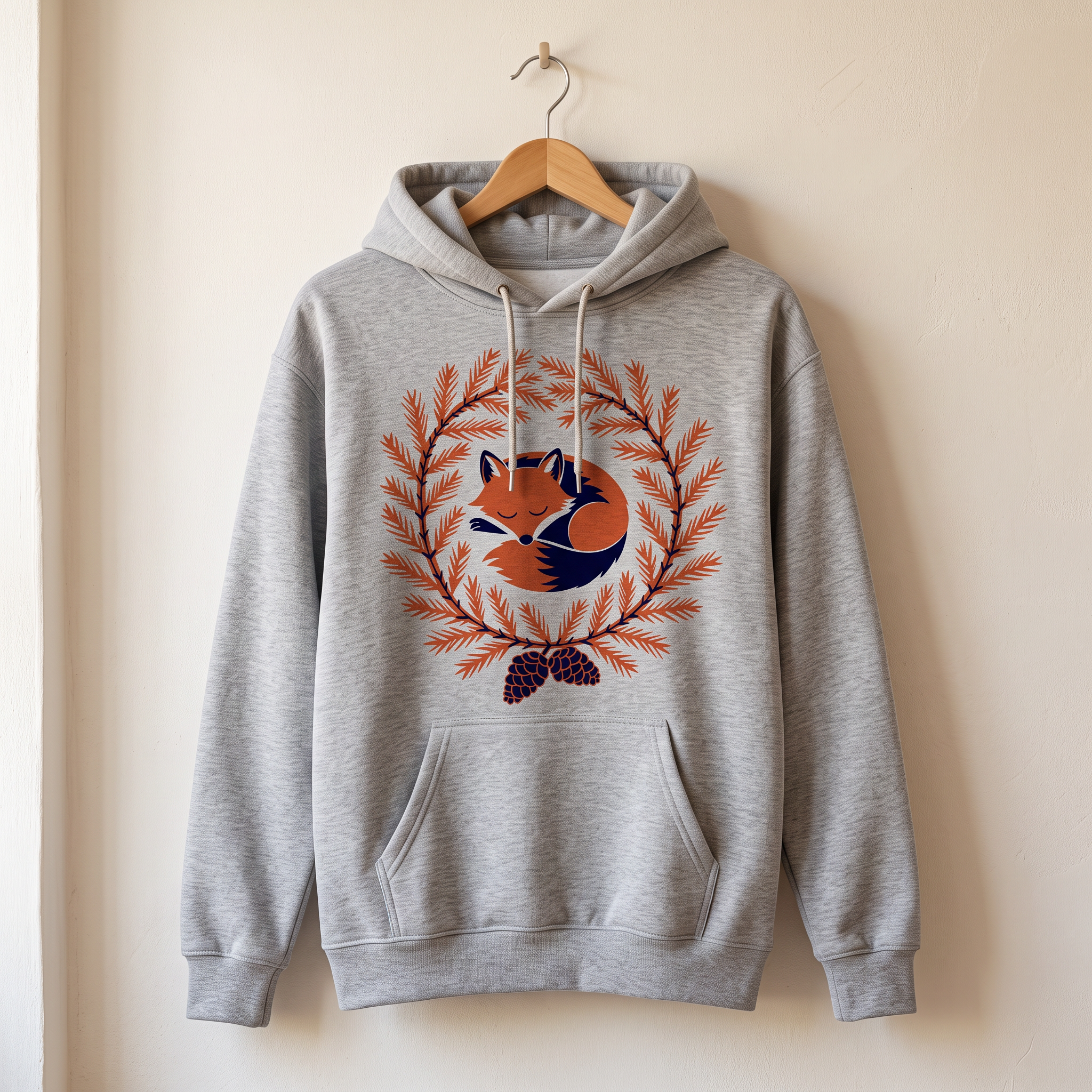 Nano Banana 2.1: the fox wreath printed on a light grey hoodie hanging on a wire hanger