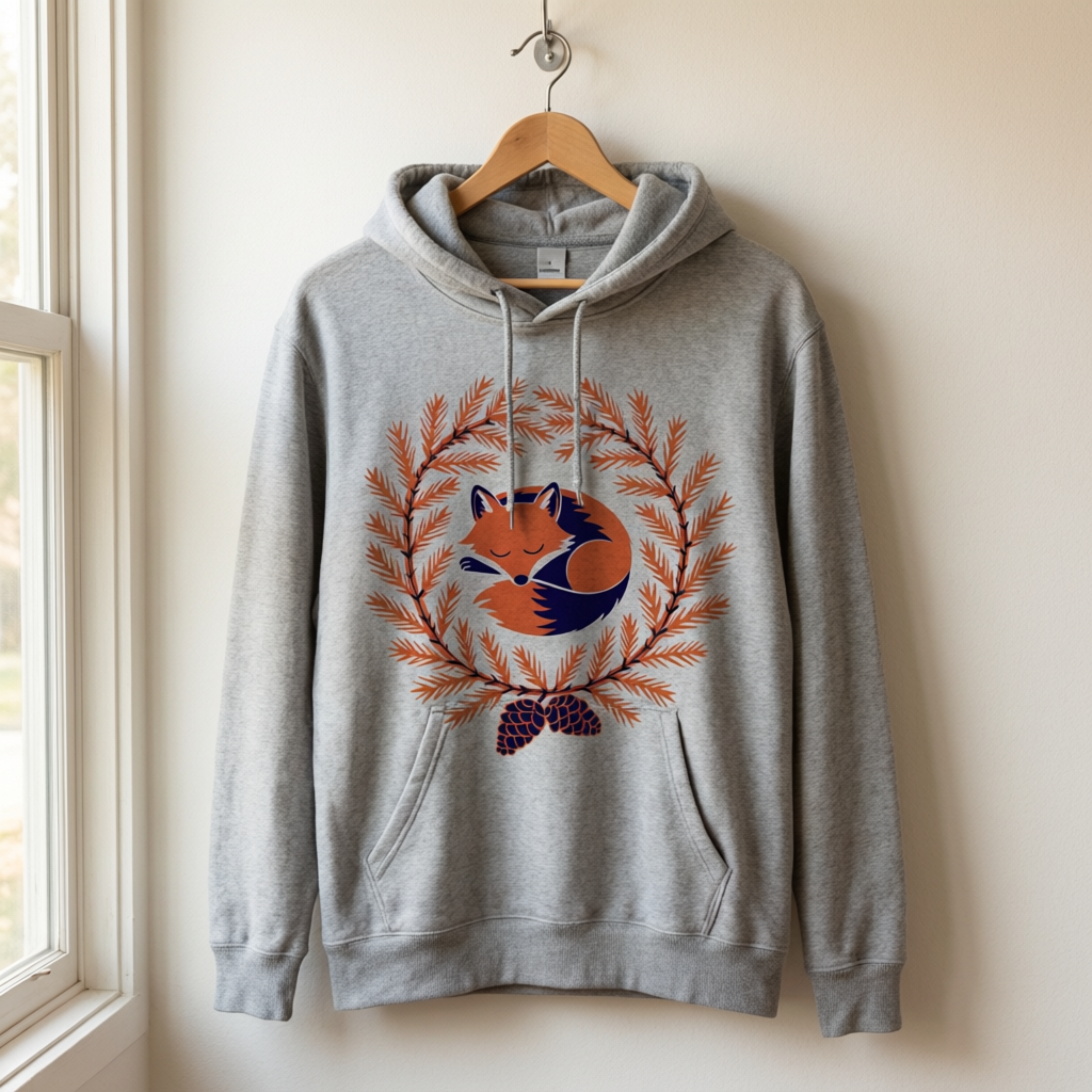 Qwen Image 2 Edit: the fox wreath on a grey hoodie hanging beside a sunlit window