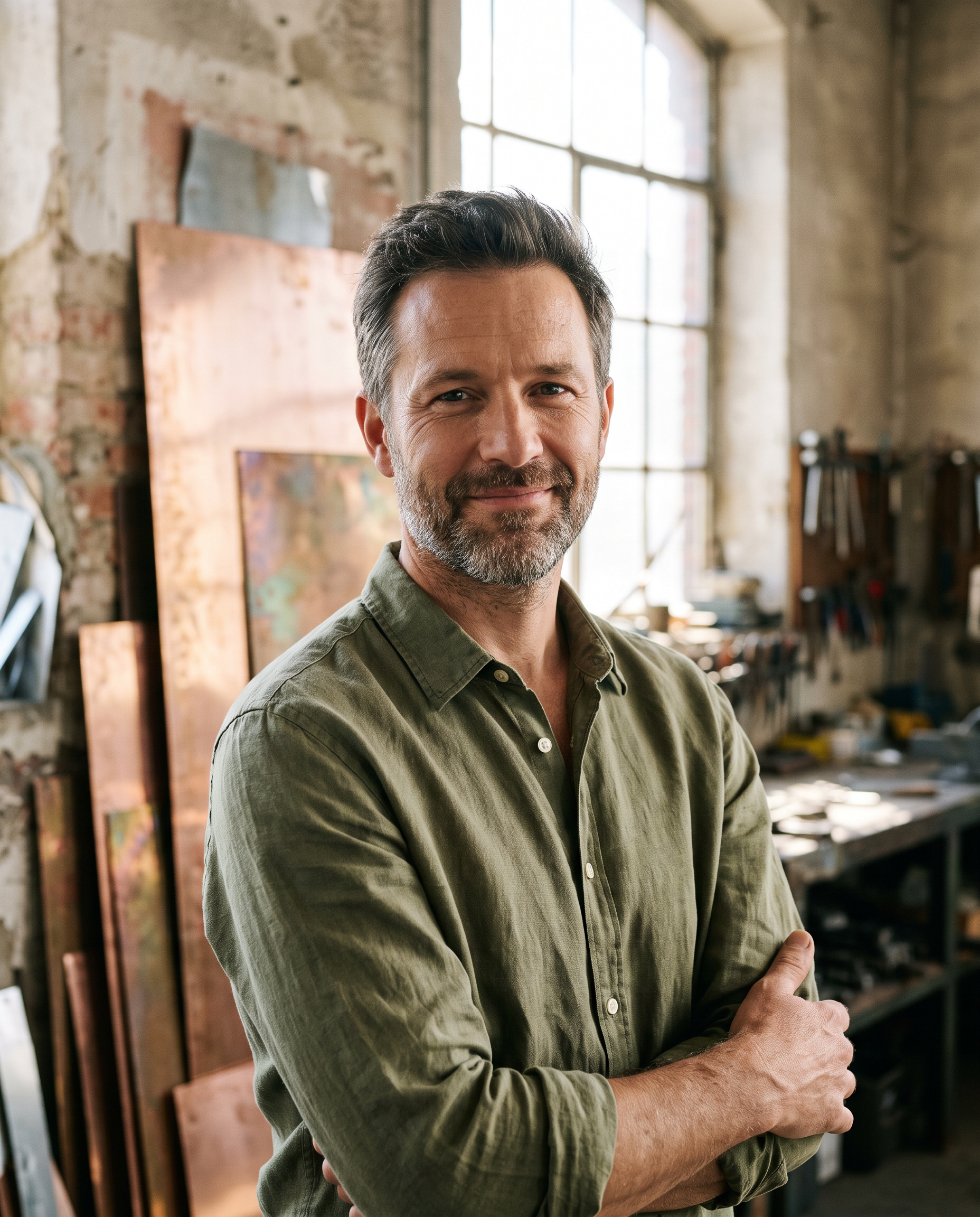 A bearded man in an olive linen shirt with arms folded in a sunlit metal workshop with copper sheets behind him