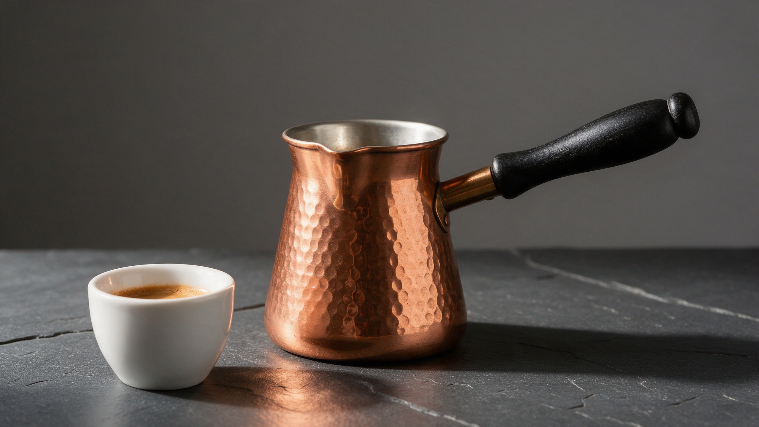 Seedream 5 packshot: a hammered copper coffee pot with a black handle beside a small white cup on slate