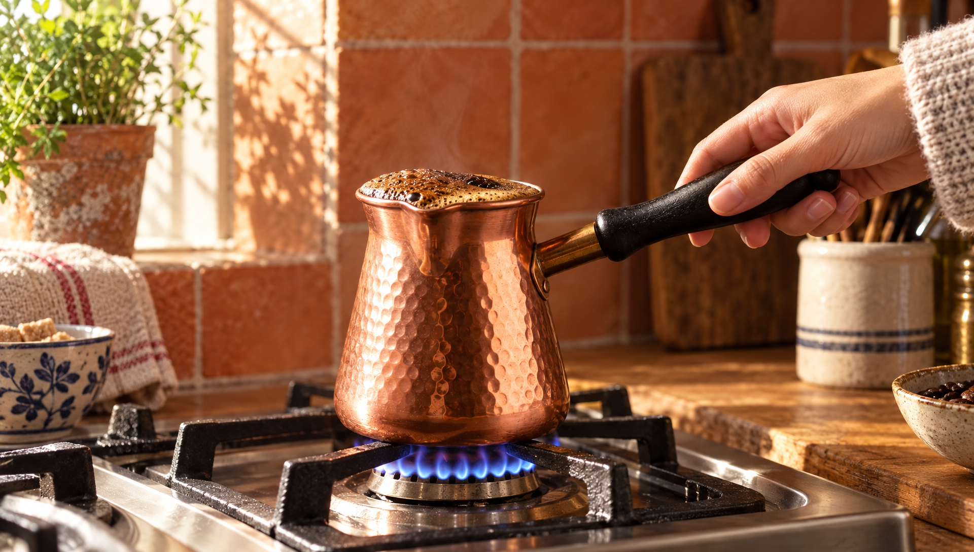 GPT Image 2.5 lifestyle shot: the same copper pot on a blue gas flame in a sunny tiled kitchen
