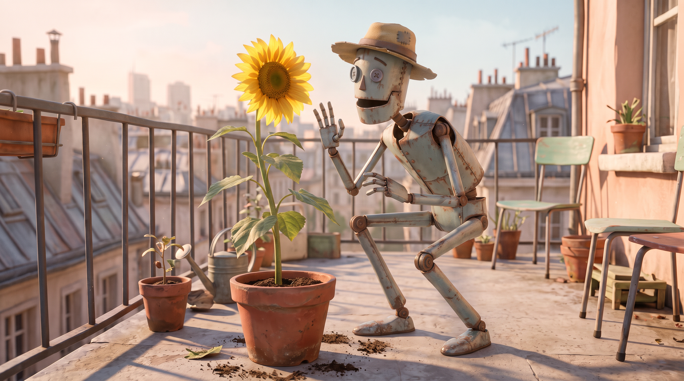 Keyframe two: the same scarecrow crouches and waves beside the pot, where a sunflower now grows