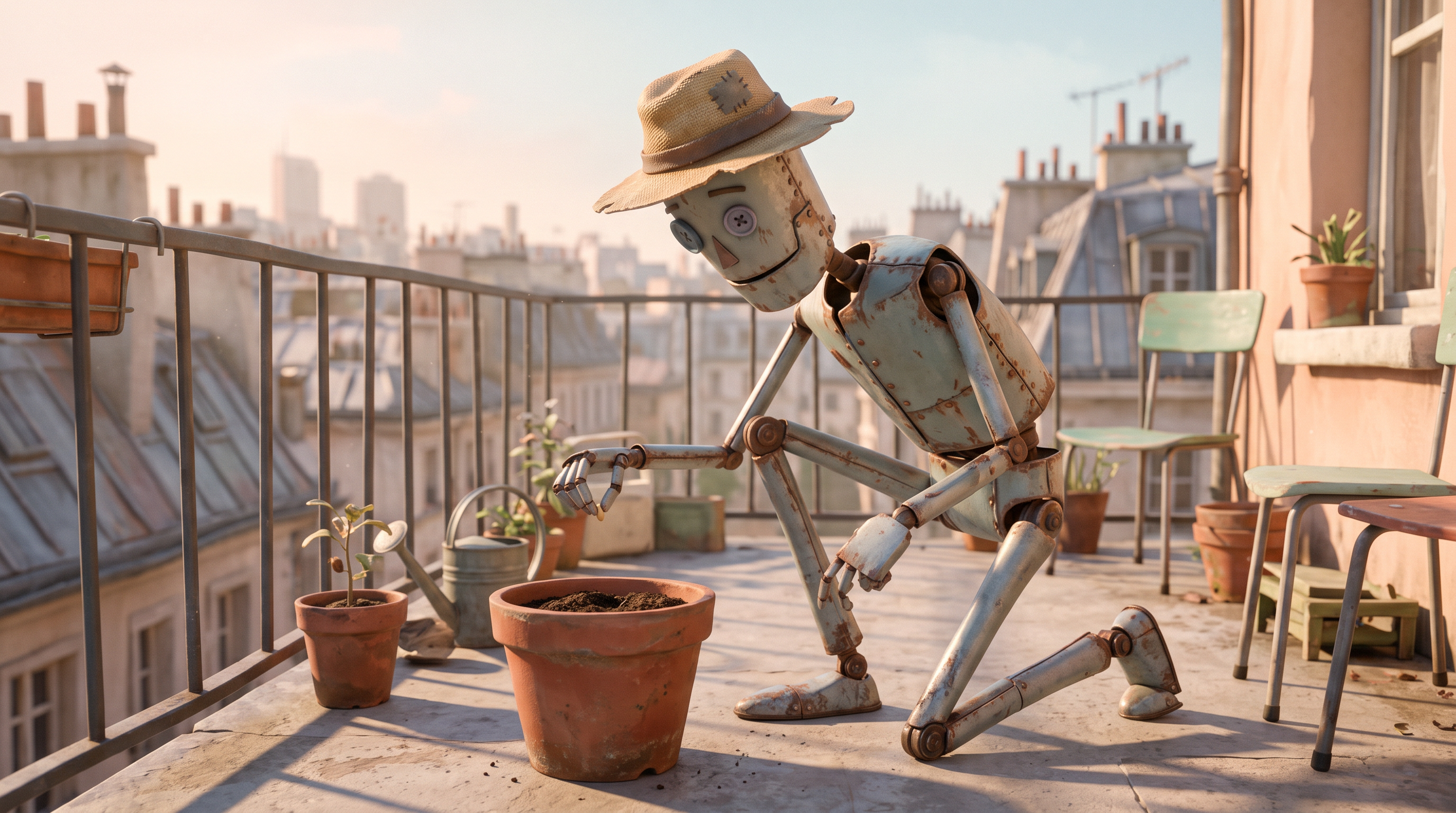 Keyframe one: a lanky tin scarecrow in a patched straw hat kneels beside an empty terracotta pot on a sunny balcony
