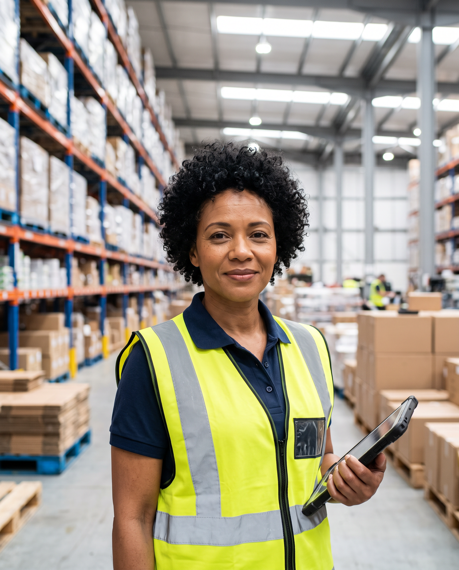 The starting portrait: a woman with short curly black hair in a hi vis vest holding a tablet in a warehouse aisle