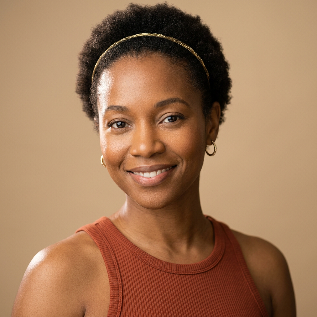 Studio headshot of the creator in a rust tank top against a sand colored backdrop