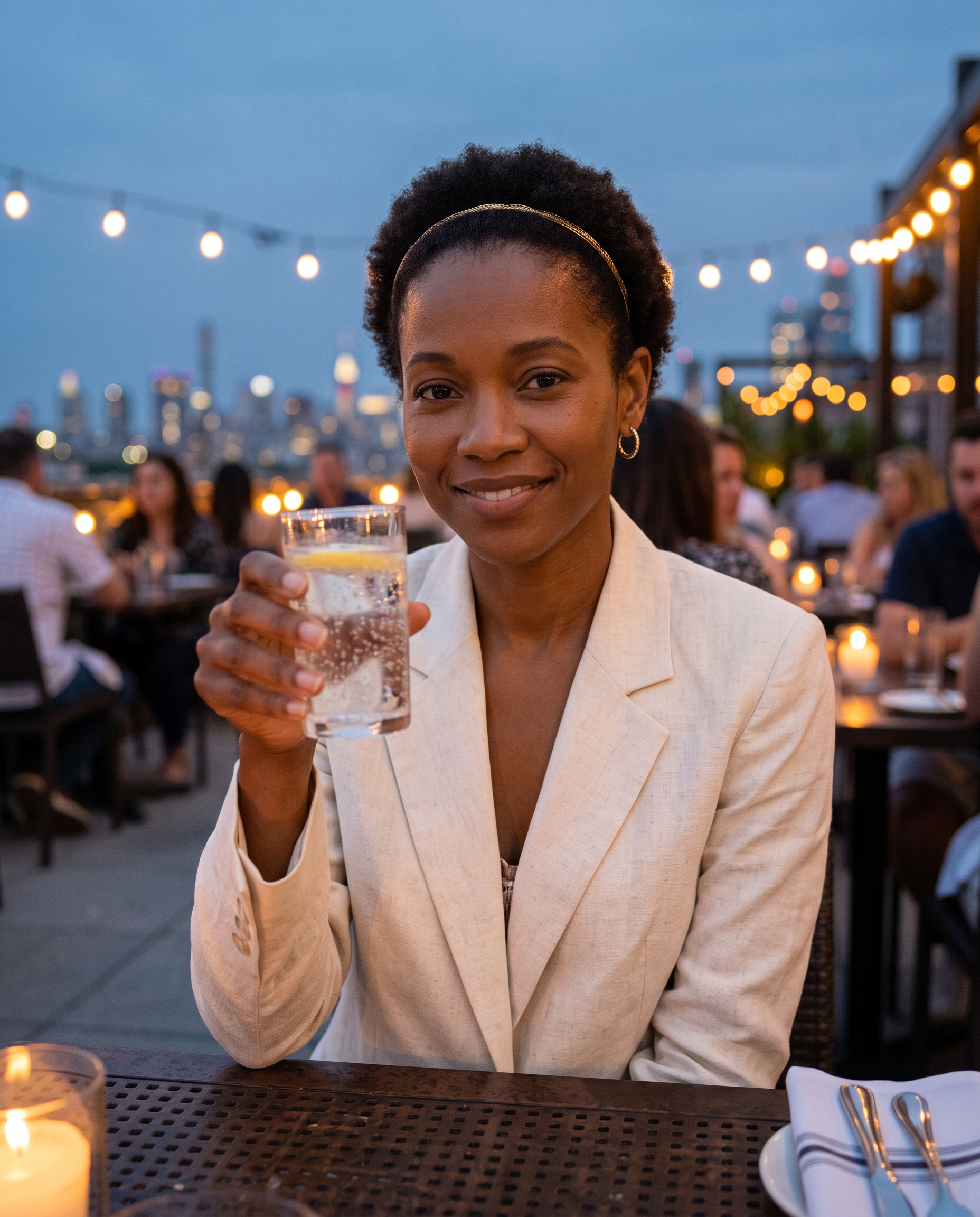 Nano Banana 2.1: the same woman in a cream blazer raising a glass of sparkling water at a rooftop restaurant at dusk