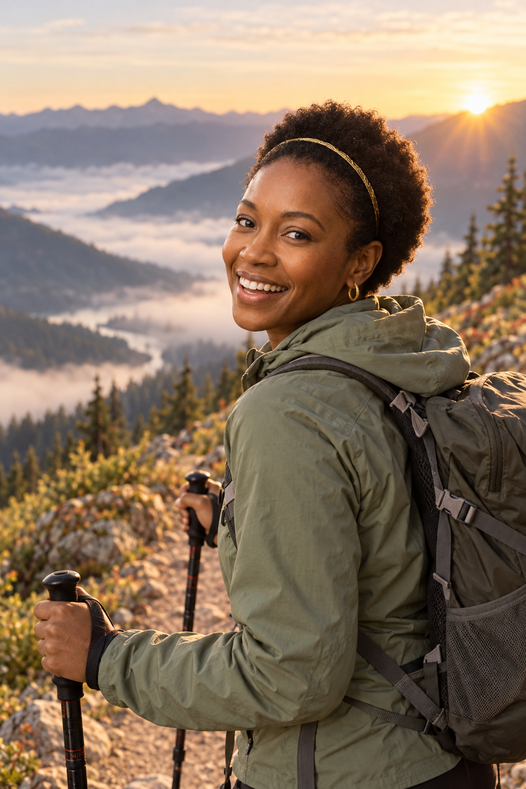 GPT Image 2.5: the same woman on a mountain trail at sunrise with trekking poles and a backpack, valley mist below