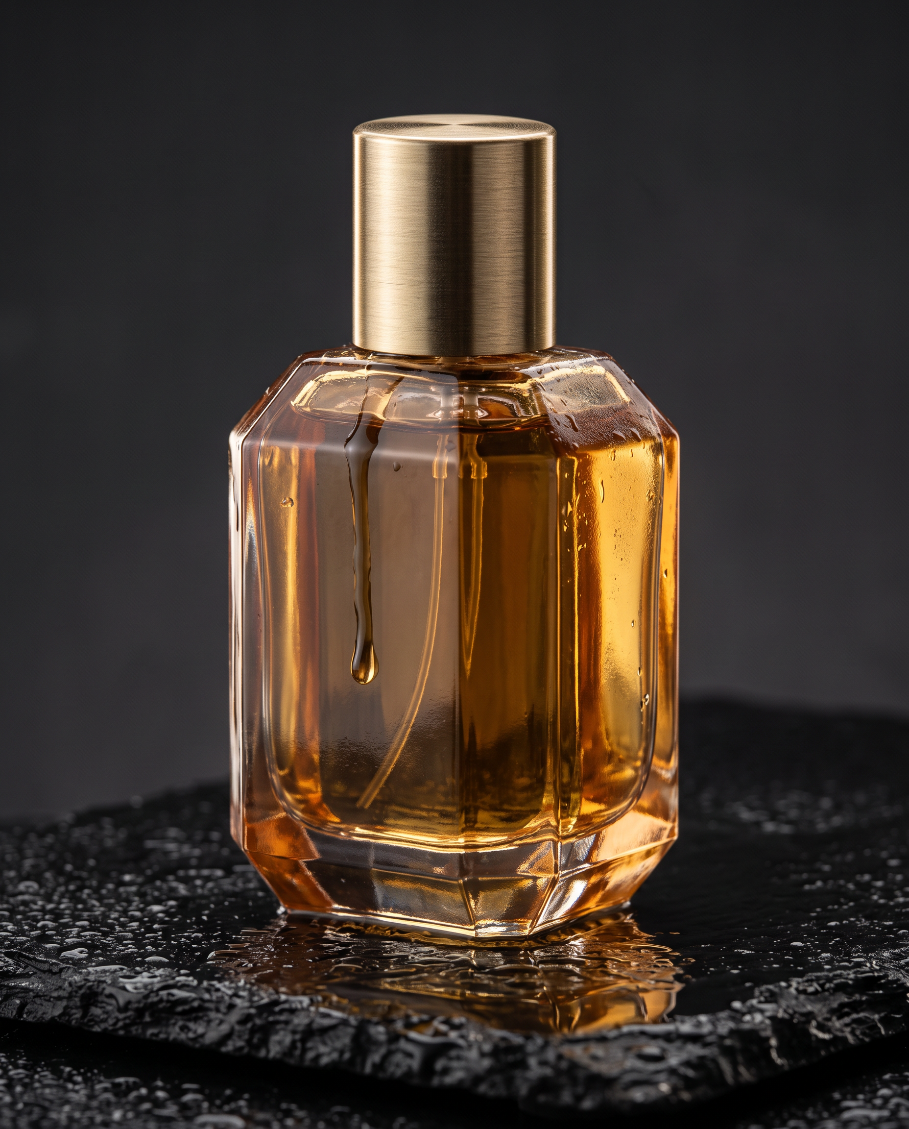 Studio photograph of a faceted amber glass perfume bottle with a brushed brass cap on wet black basalt, a single drop running down the glass and honey gold rim light