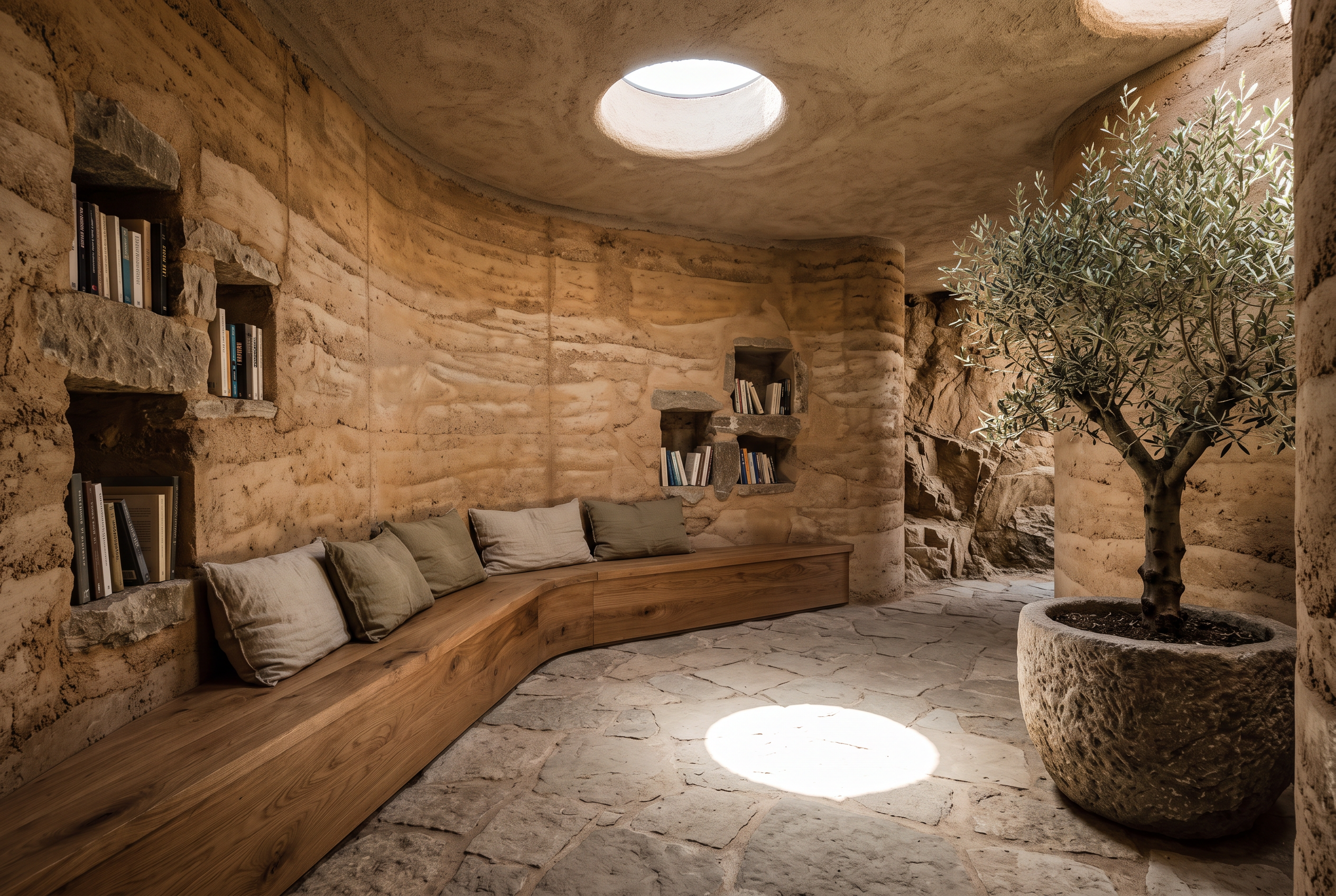 Interior of a reading room carved into a cliff, with curved rammed earth walls, a long oak bench with linen cushions, books in wall niches, an olive tree in a stone planter and a disc of sun from a round skylight on the stone floor