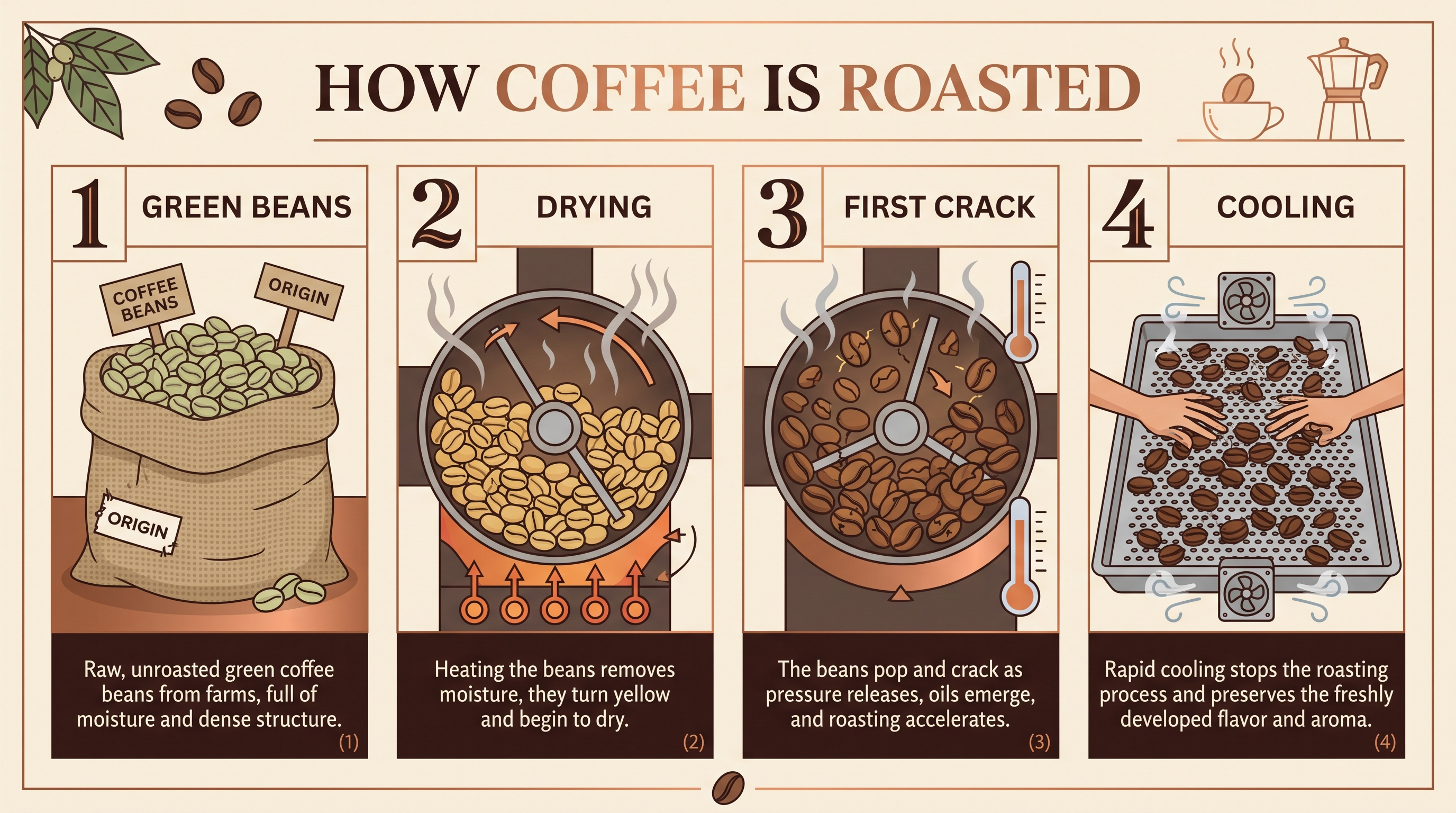 Nano Banana 2 version of the HOW COFFEE IS ROASTED infographic with four panels, extra tags and decorations, and longer captions