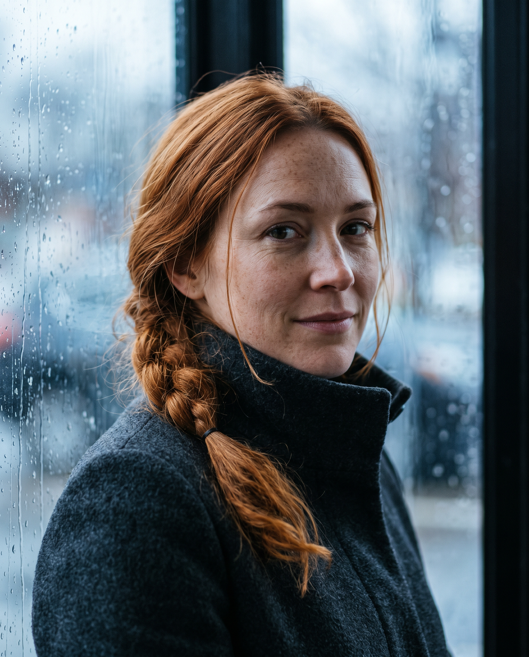 Editorial portrait of a woman in her early thirties with a loose copper braid, freckles and a charcoal wool coat, standing by a rain streaked window in soft blue light