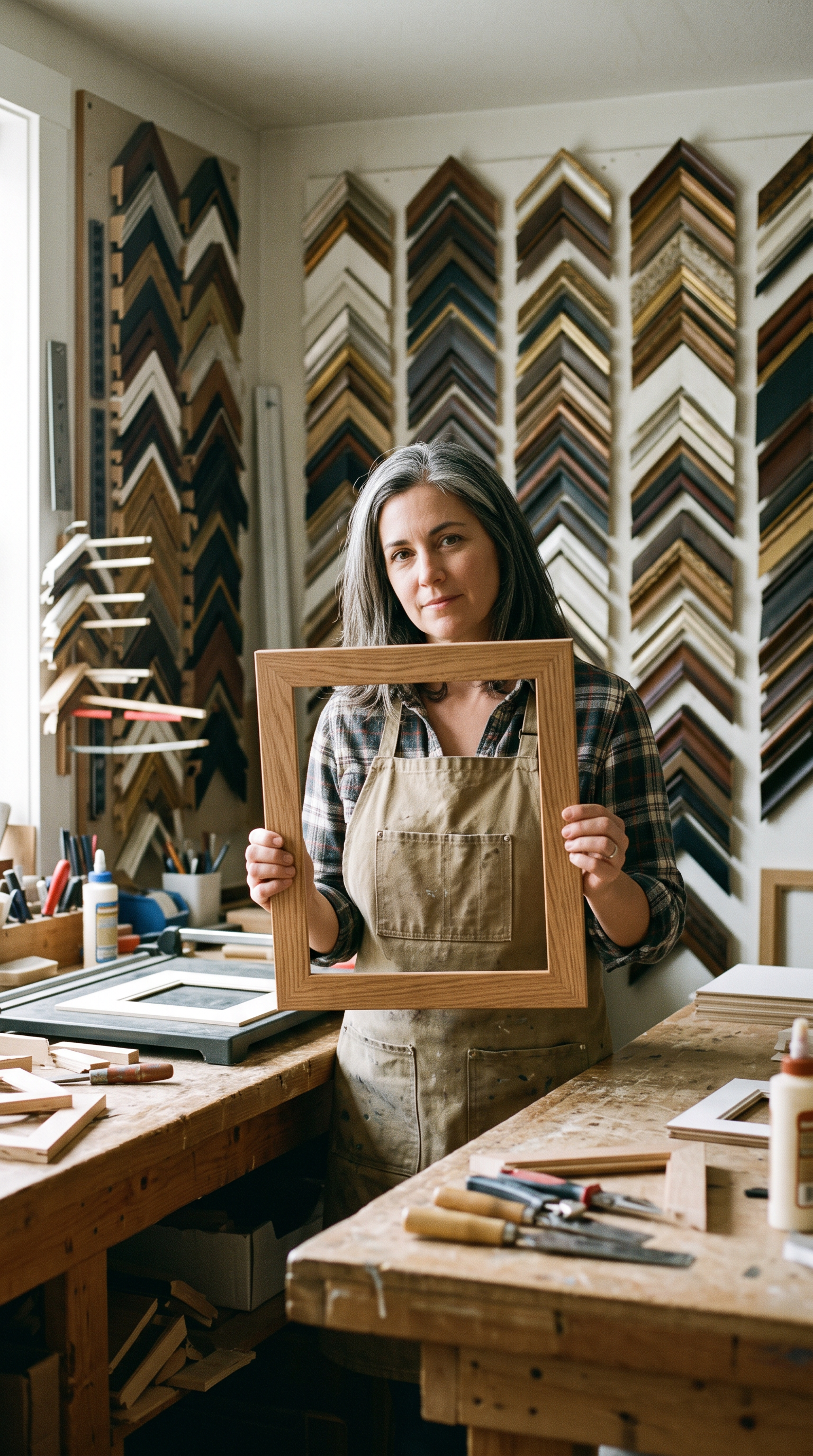 Step 1, Nano Banana 2.1: a picture framer in her forties holds up an empty oak frame at her workbench