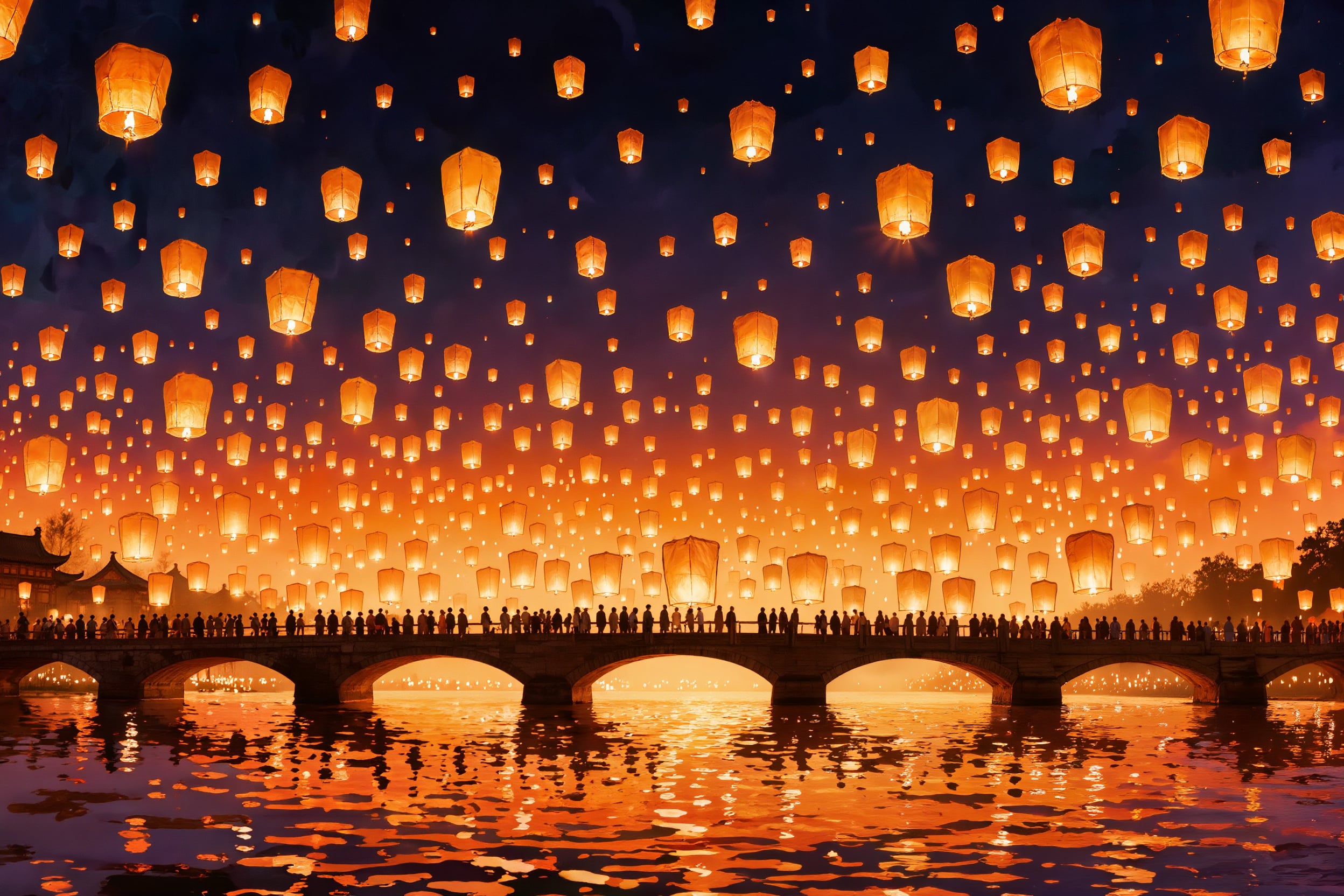 Hundreds of paper lanterns rise over a river at night above a crowd on a stone bridge