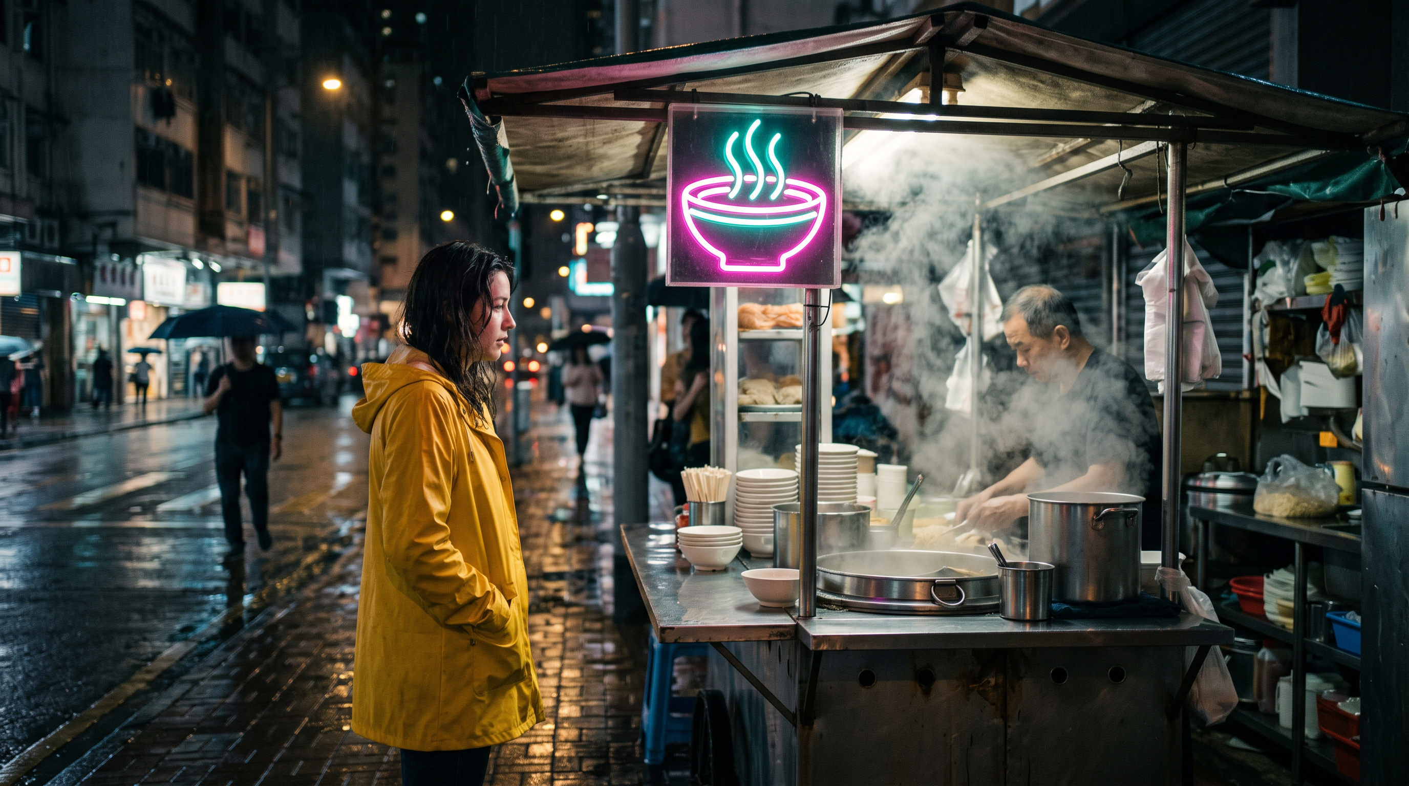 The still: a woman in a yellow raincoat beside a steaming noodle stall under a neon bowl sign