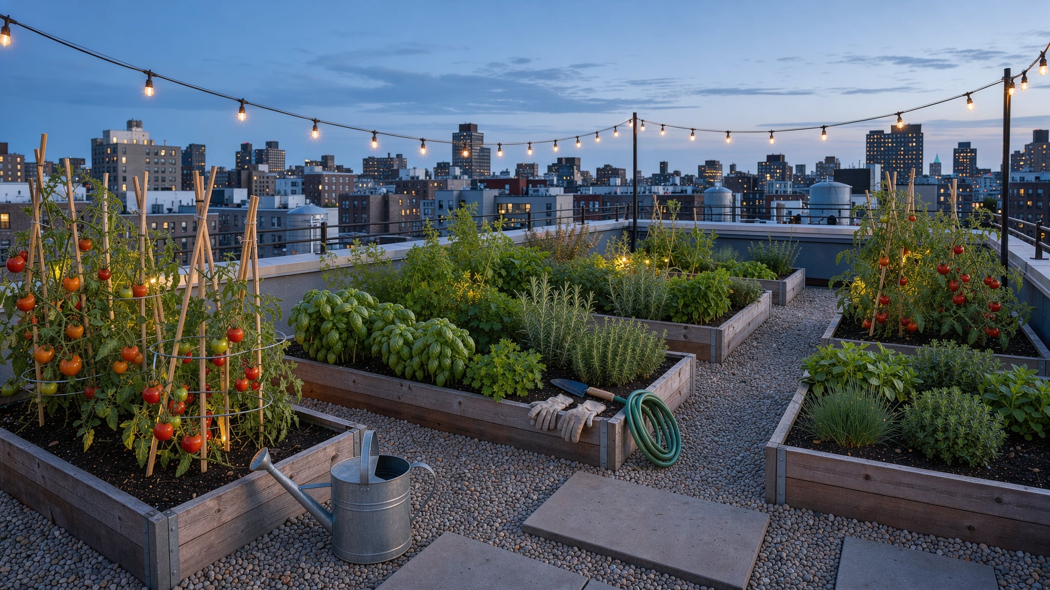 A rooftop vegetable garden with raised cedar beds and string lights above a city at dusk