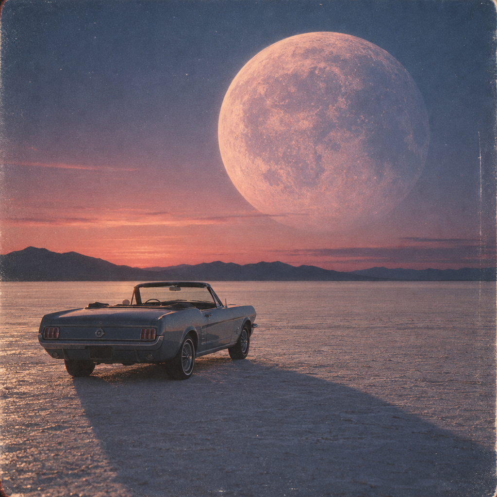 Album cover art of a vintage convertible on a salt flat under a giant pastel moon