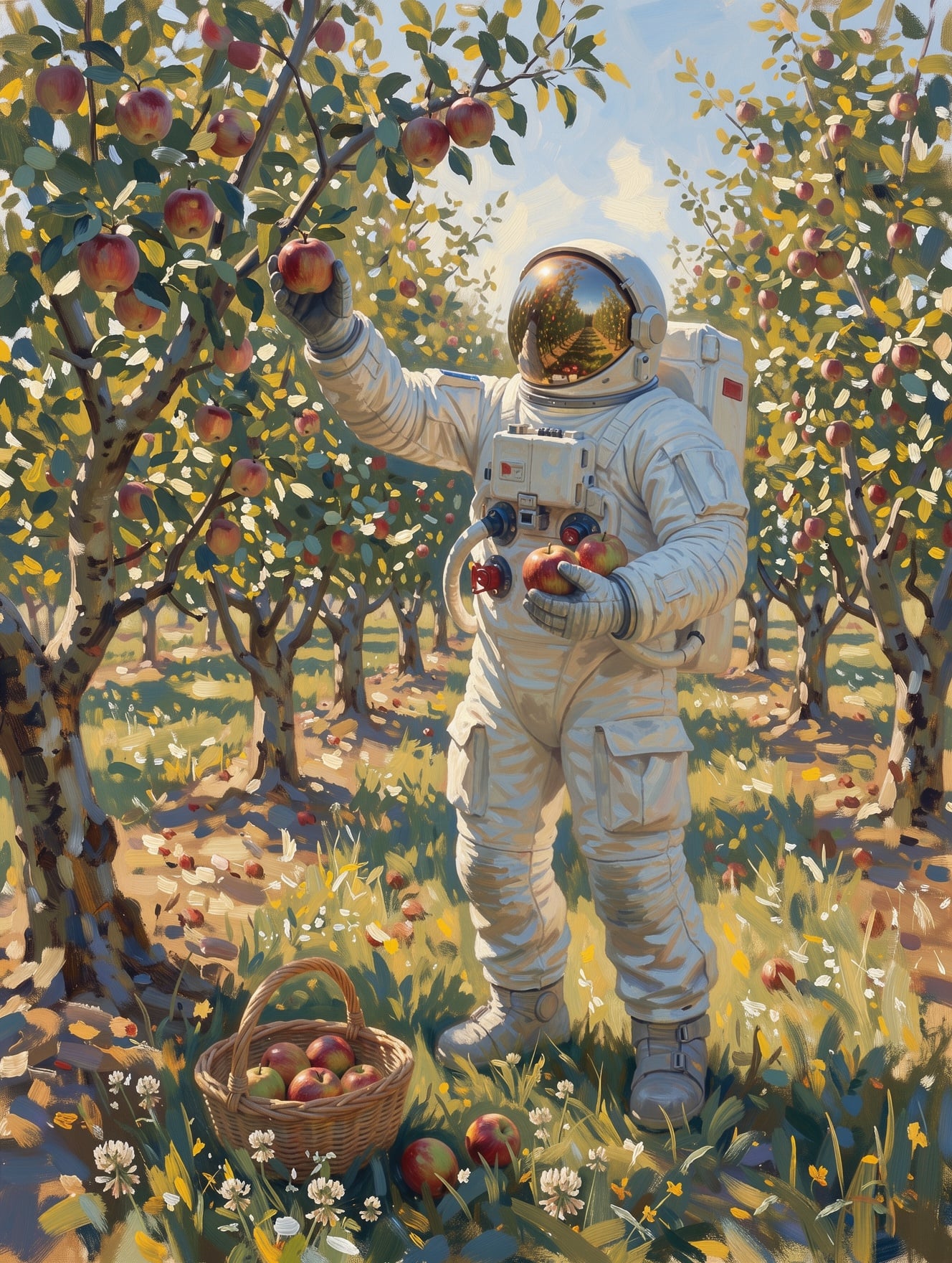 An oil painting of an astronaut in a white suit picking apples in a sunlit orchard