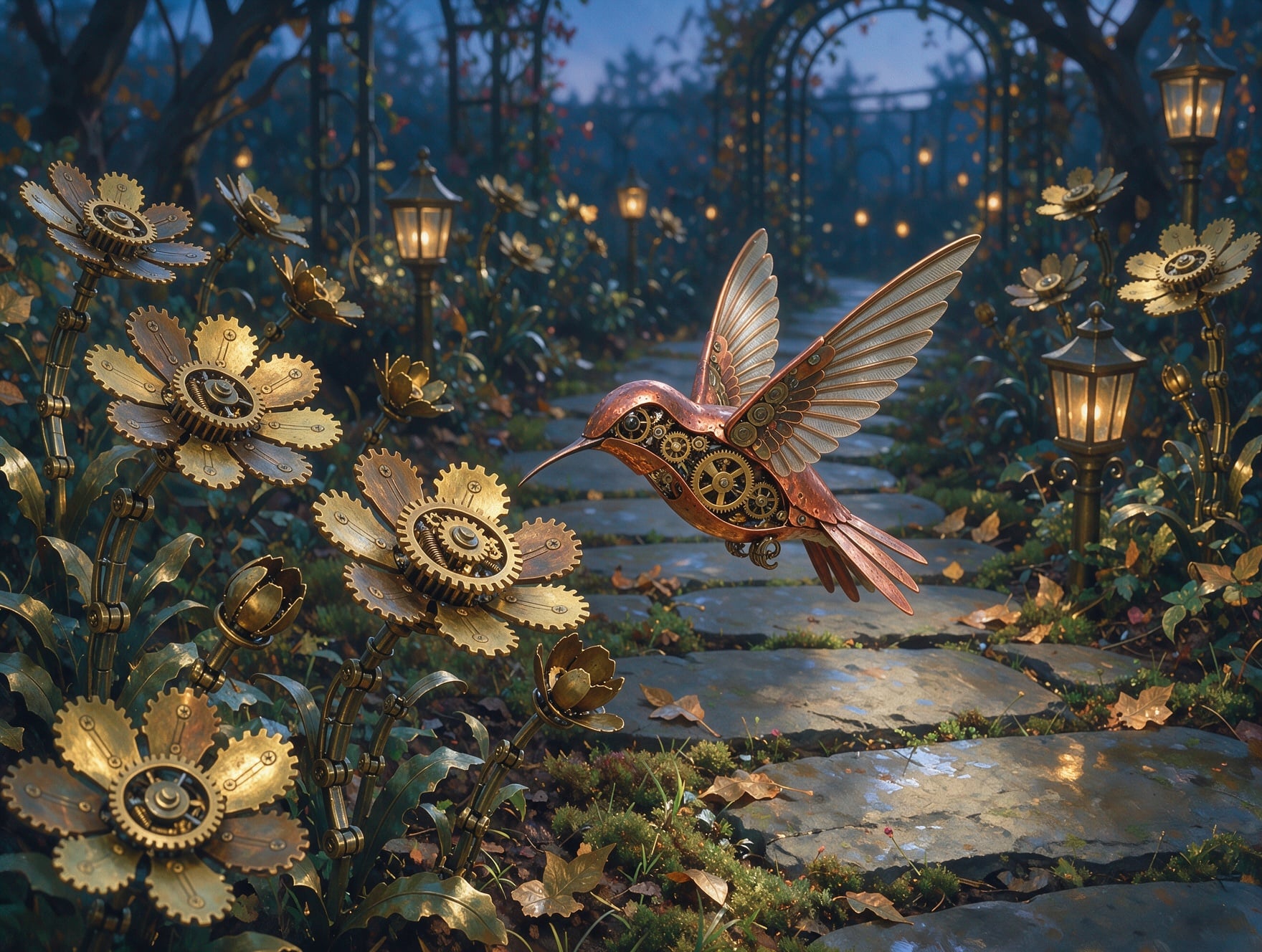 FLUX 3 Image: a clockwork garden of brass gear flowers with a copper hummingbird