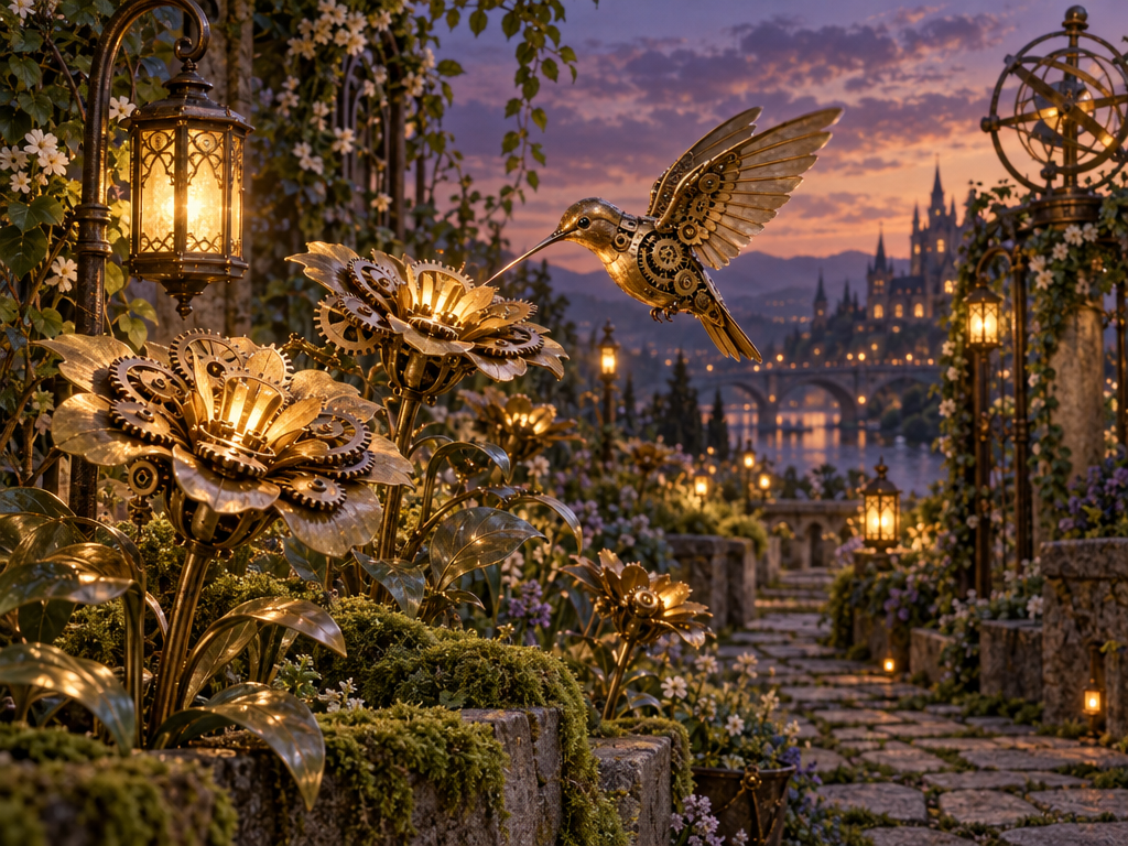 GPT Image 2.5: a clockwork garden of brass gear flowers with a copper hummingbird