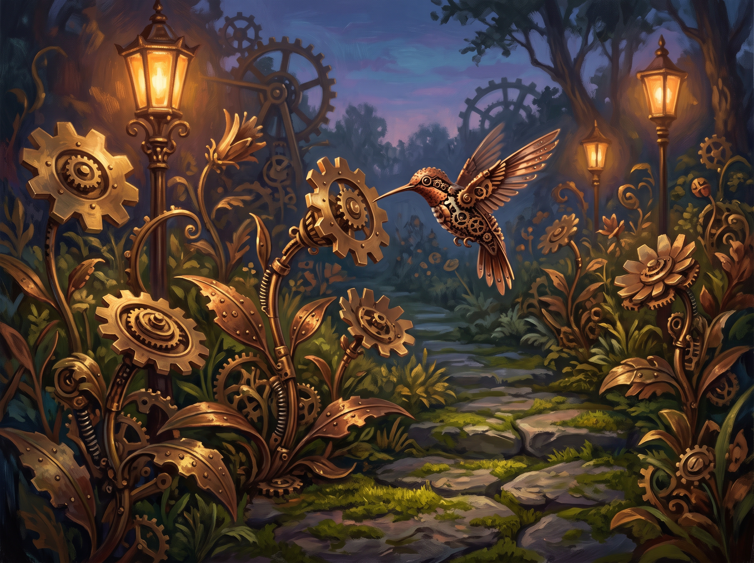 Nano Banana 2.1: a clockwork garden of brass gear flowers with a copper hummingbird