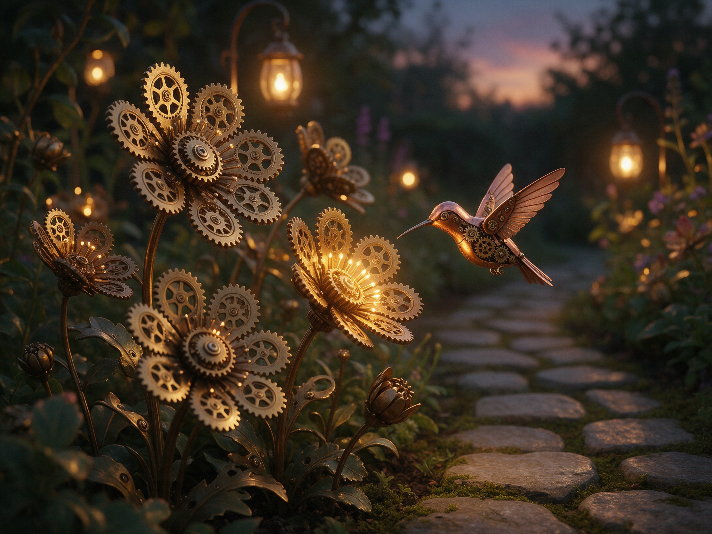 Seedream 5: a clockwork garden of brass gear flowers with a copper hummingbird