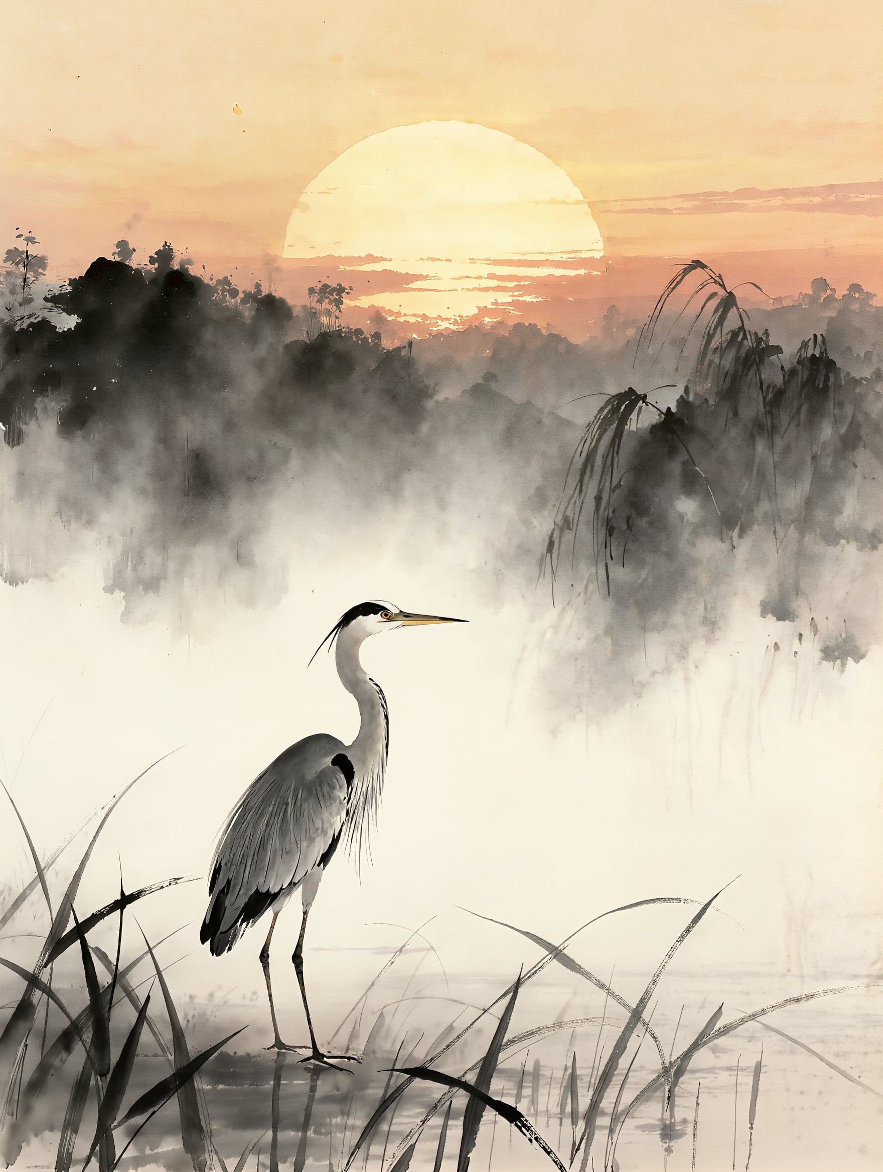 An ink wash painting of a grey heron standing in reeds in the mist under a pale rising sun