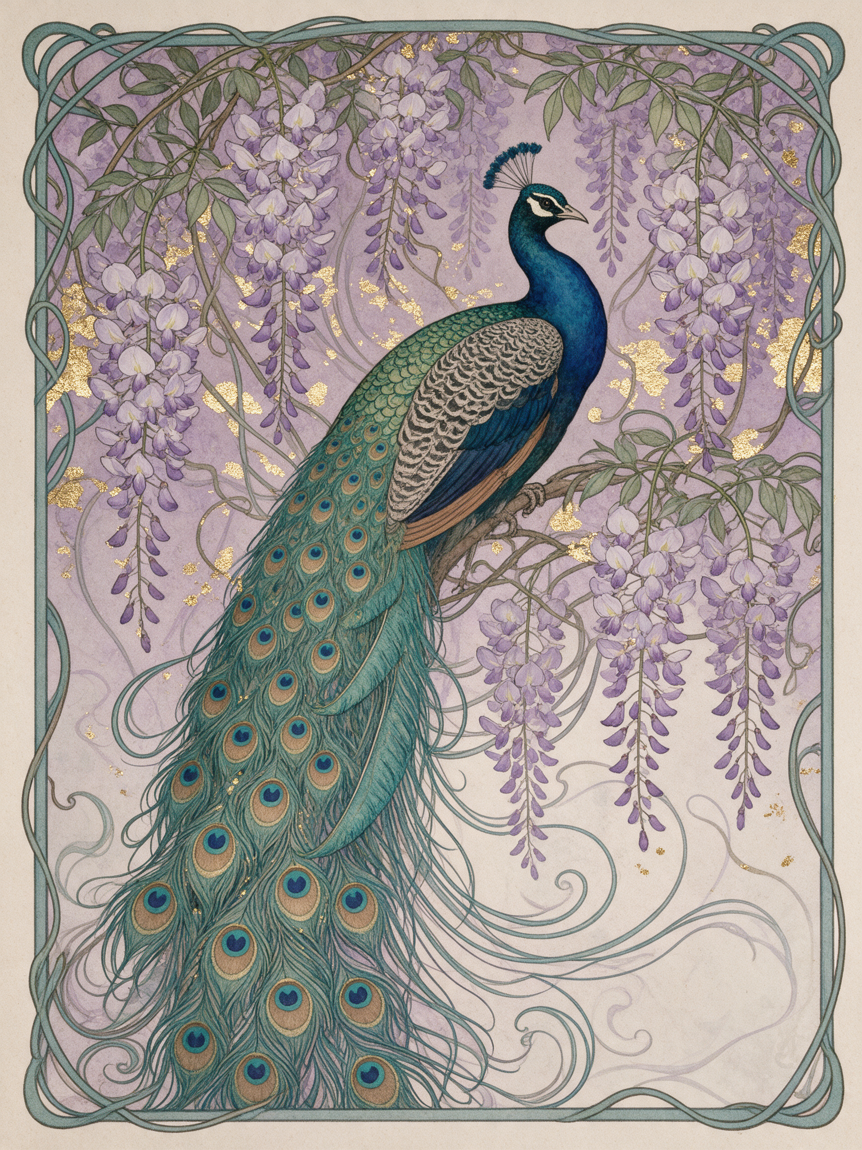 An art nouveau illustration of a peacock among hanging wisteria inside an ornamental vine border