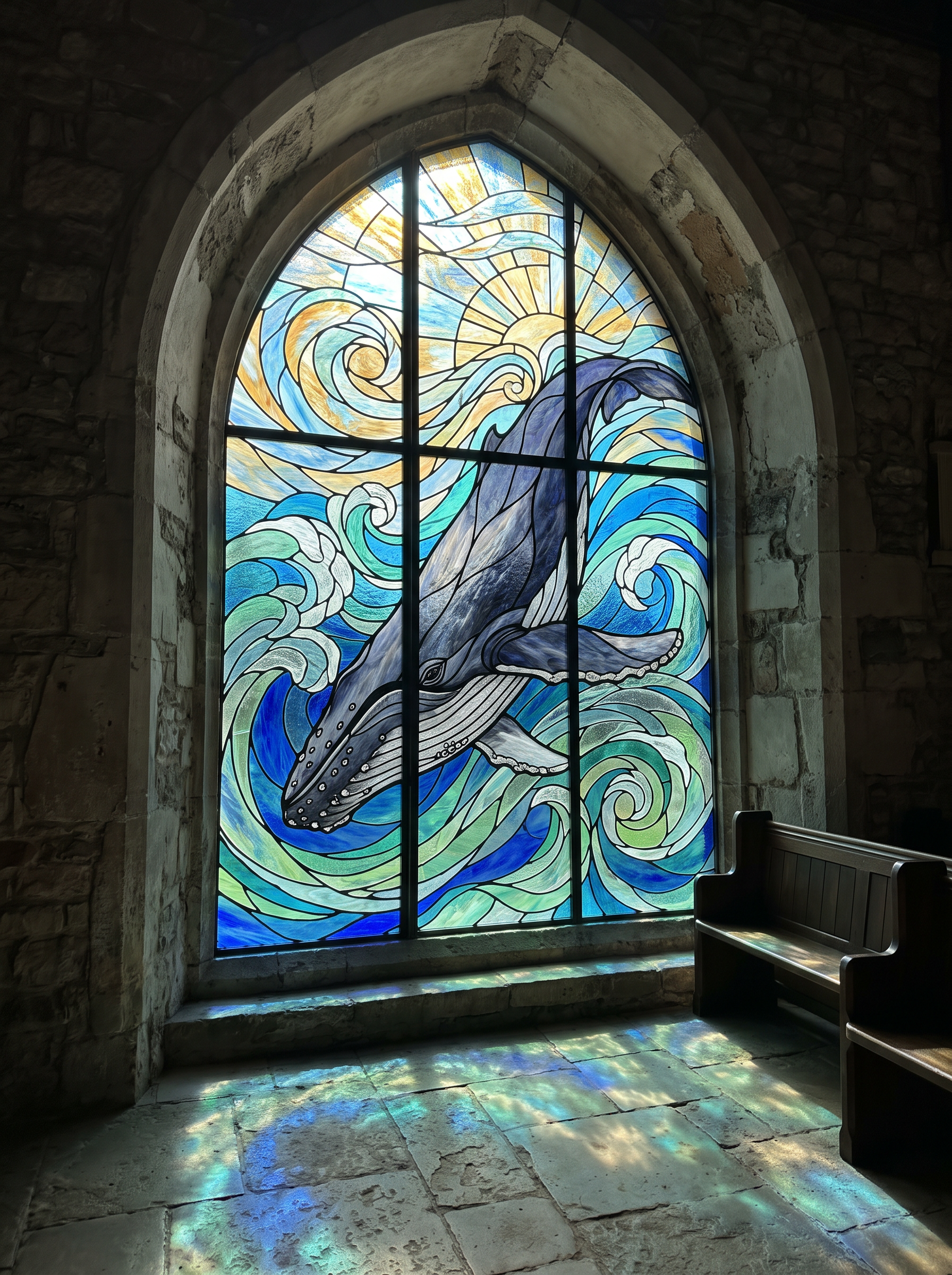 A stained glass window of a humpback whale diving through blue and green waves in a stone chapel