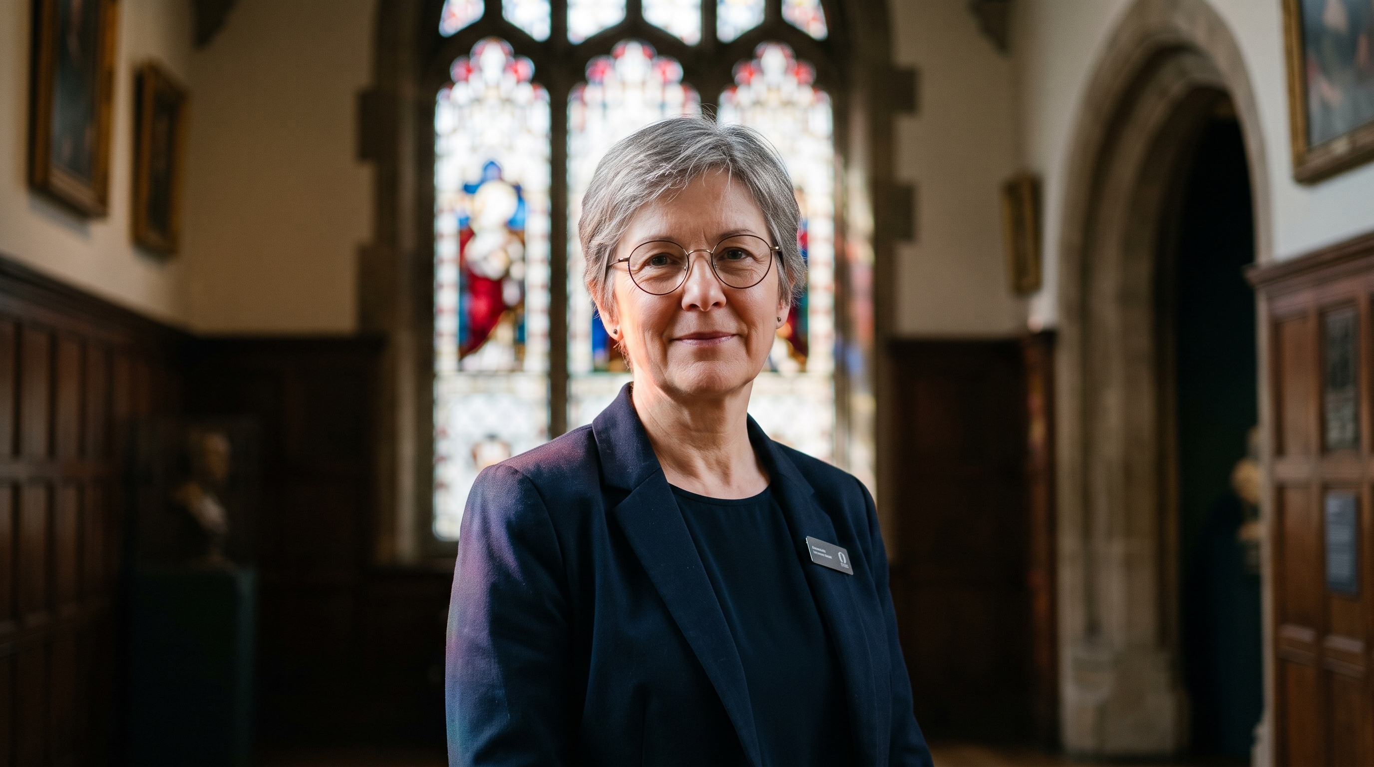 Step 2, Nano Banana 2.1: a museum guide in her fifties in front of a stained glass window
