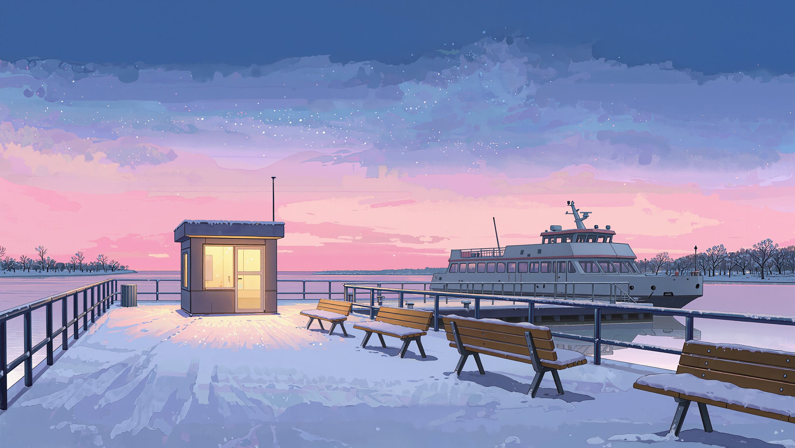 Anime background art of a snowy ferry terminal at dusk with a lit ticket booth and a white ferry at the dock