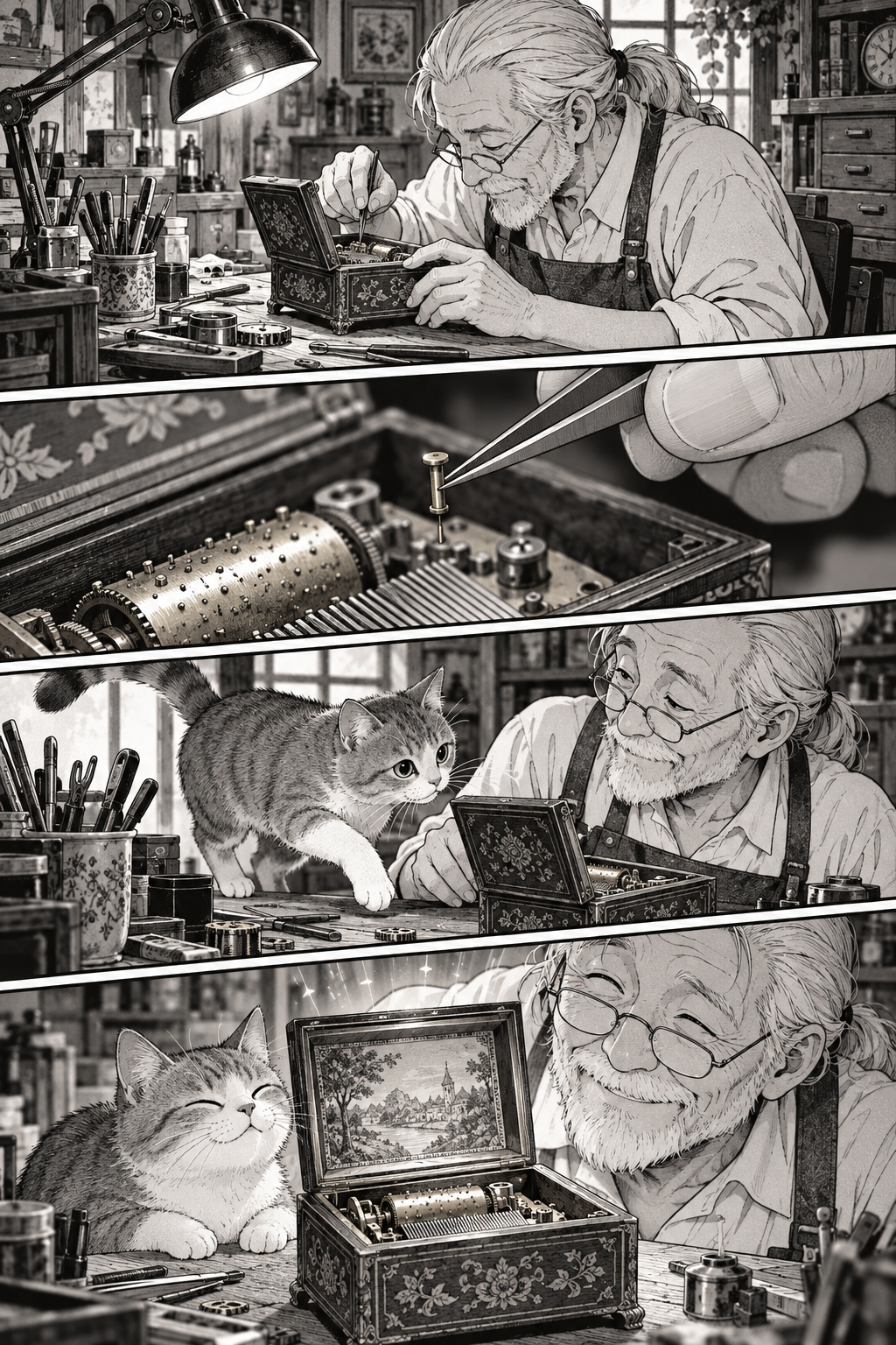 A four panel black and white manga page of an old locksmith fixing a music box while a cat watches