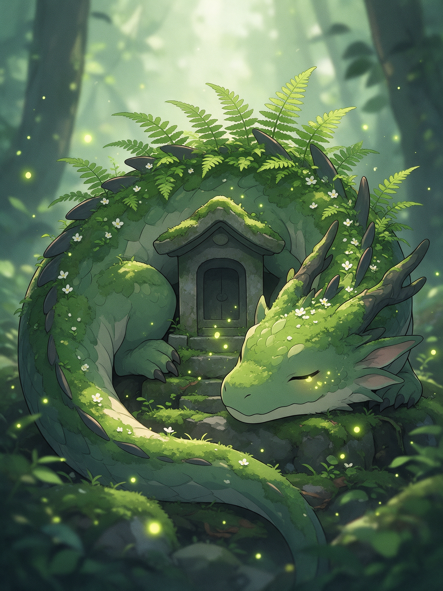 A sleepy moss covered dragon curled around a small stone shrine in a misty green forest with fireflies
