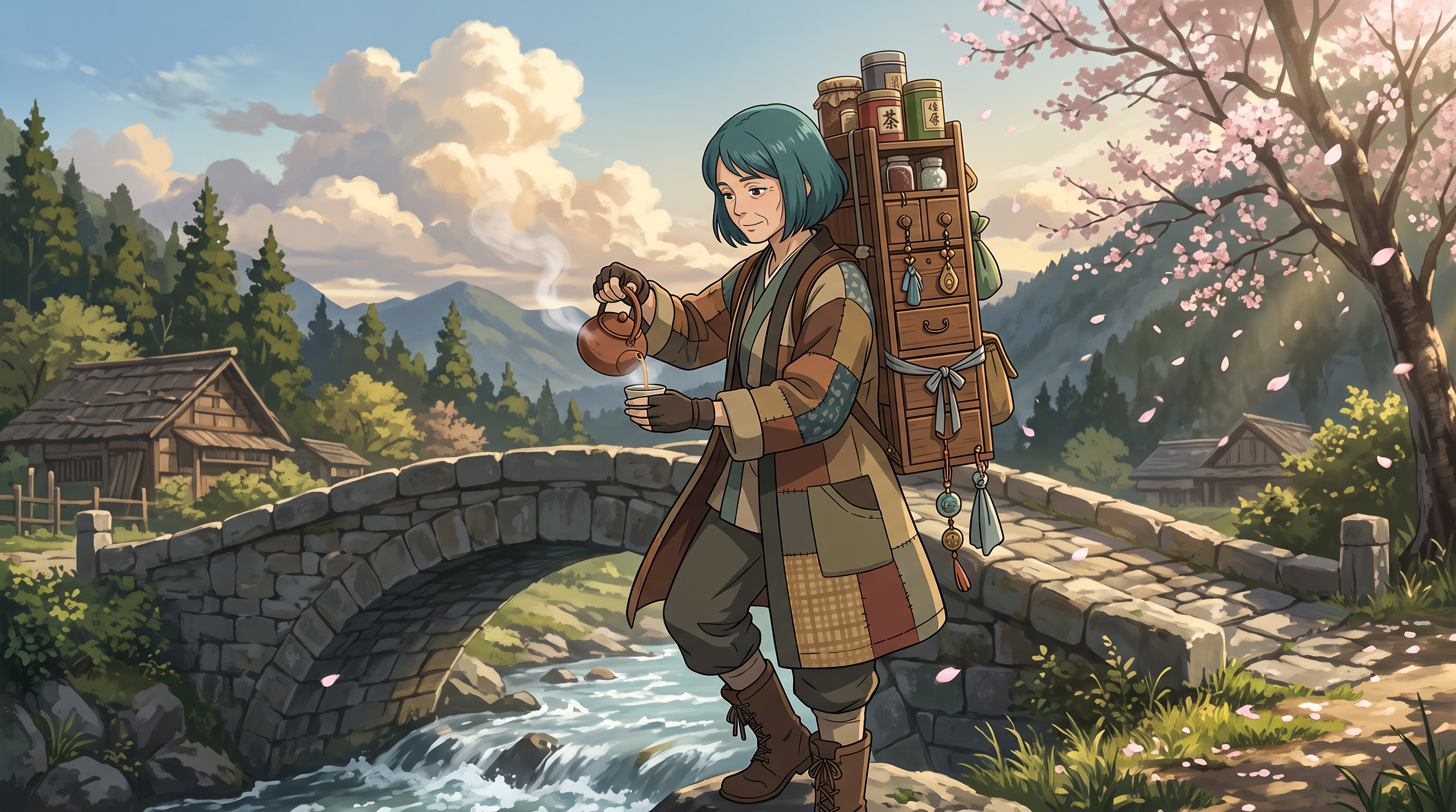 Nano Banana 2.1: the tea merchant pours tea mid stride on the bridge beside a cherry tree and a wooden village