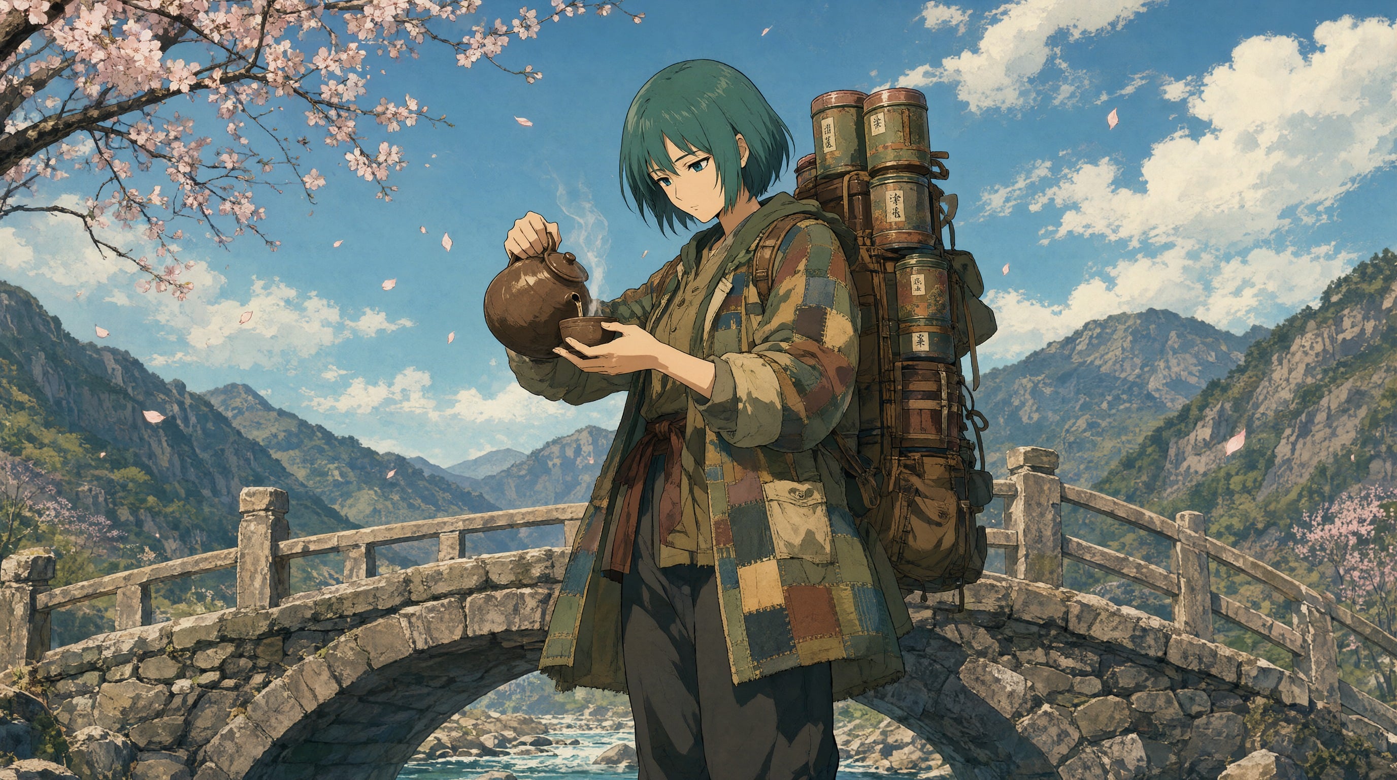 Qwen Image 2.1: the tea merchant pours tea into a bowl on the bridge with rocky mountains behind