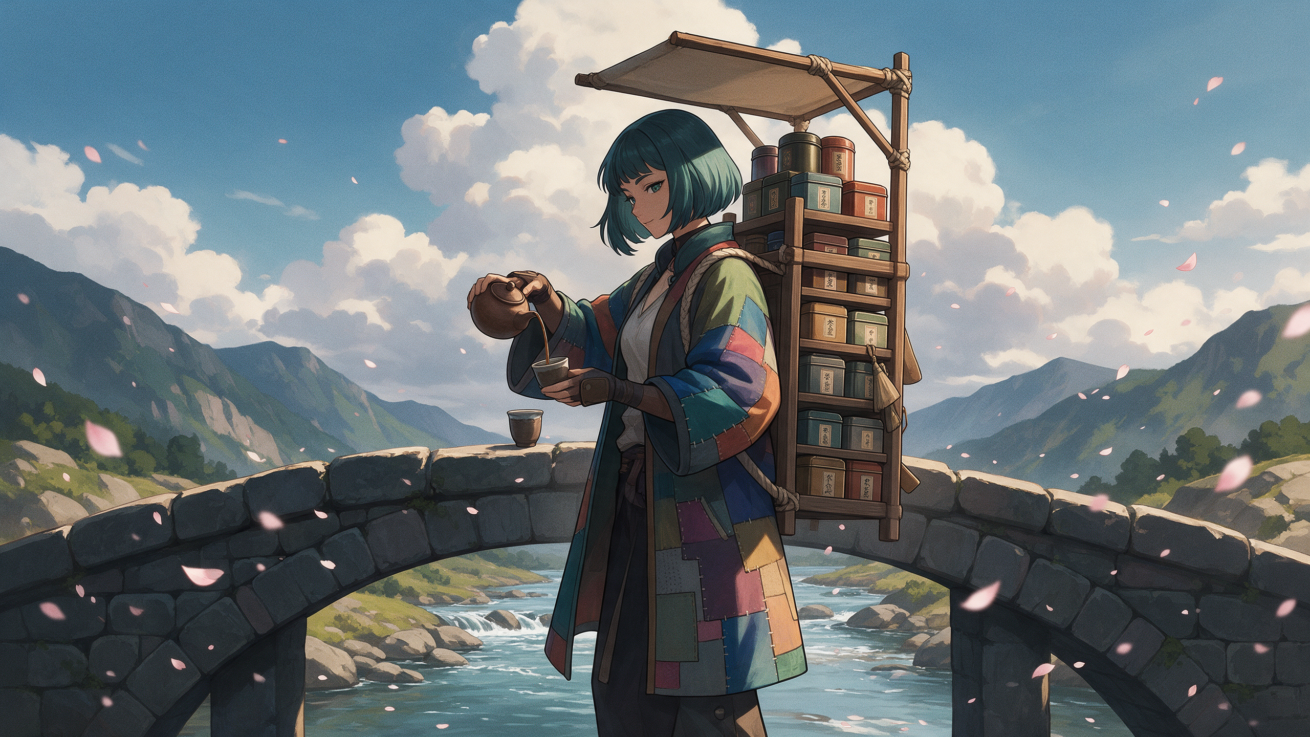 Seedream 5: the tea merchant pours tea under a canvas canopy on her pack, cherry petals blowing across the bridge