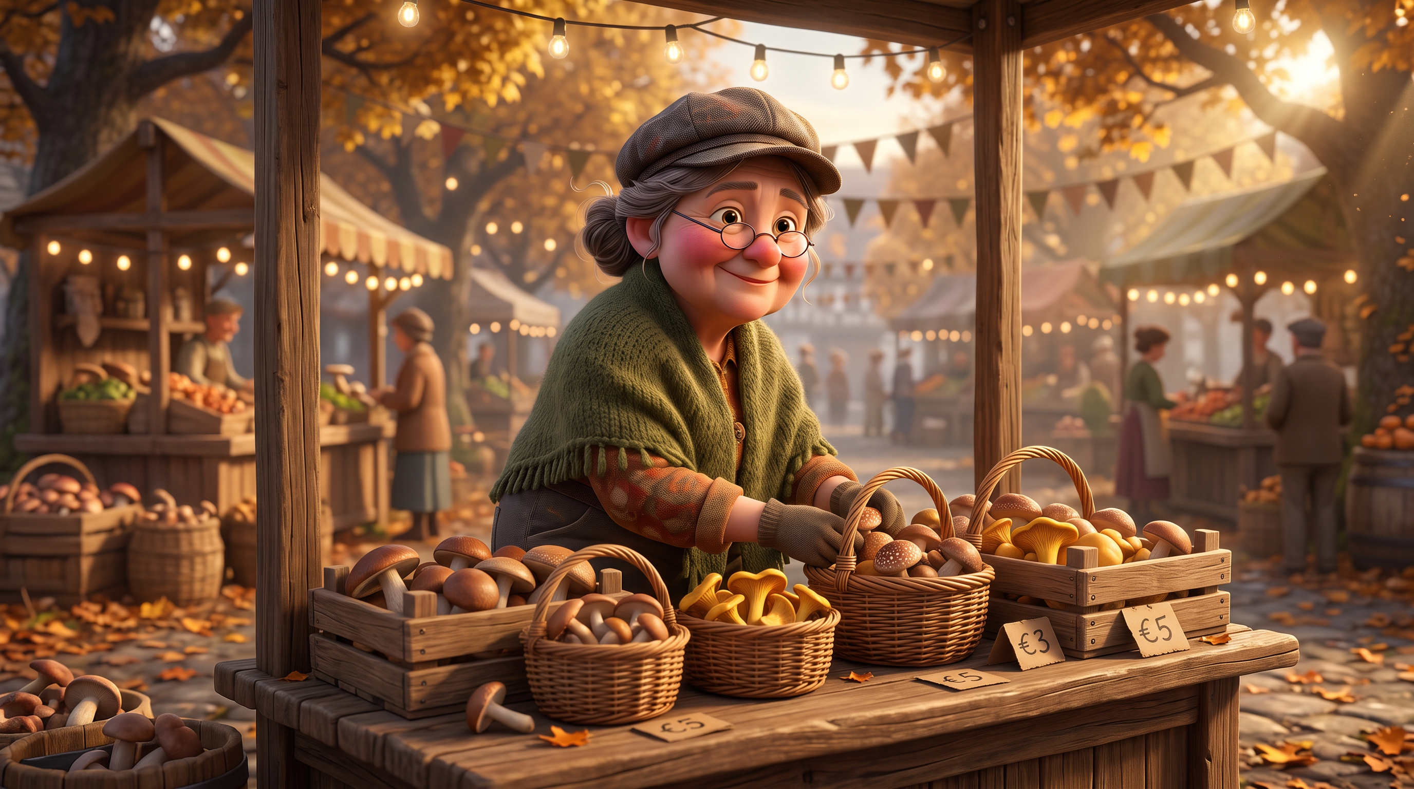 Step 3, Nano Banana 2.1 with the first still as reference: the same forager behind a market stall full of mushroom baskets