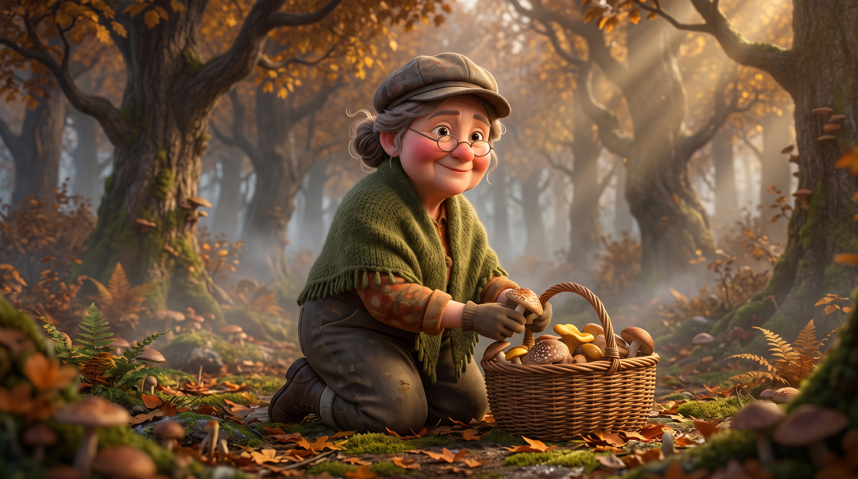 Step 1, Nano Banana 2.1: a 3D animated forager with round spectacles kneels by a basket of mushrooms in a misty forest