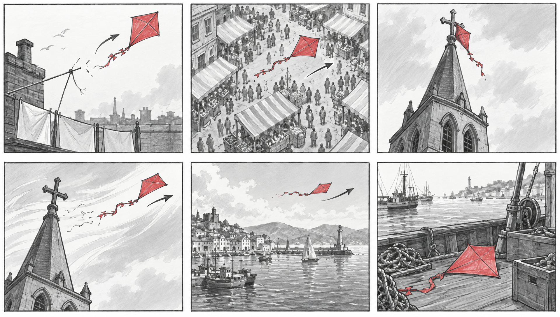 A six panel pencil storyboard of a red paper kite drifting from a rooftop over a market and a spire to a fishing boat