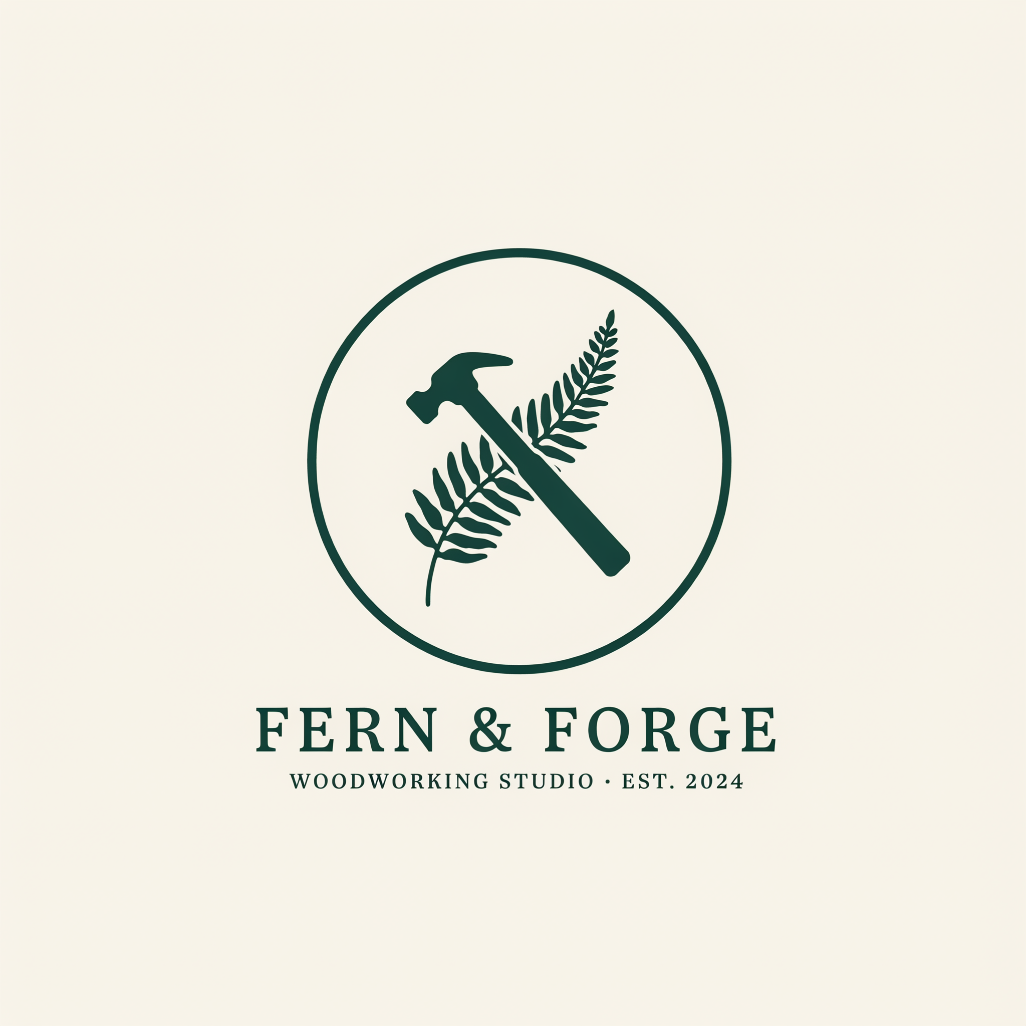A green circular logo with a fern crossed with a hammer above the words FERN & FORGE